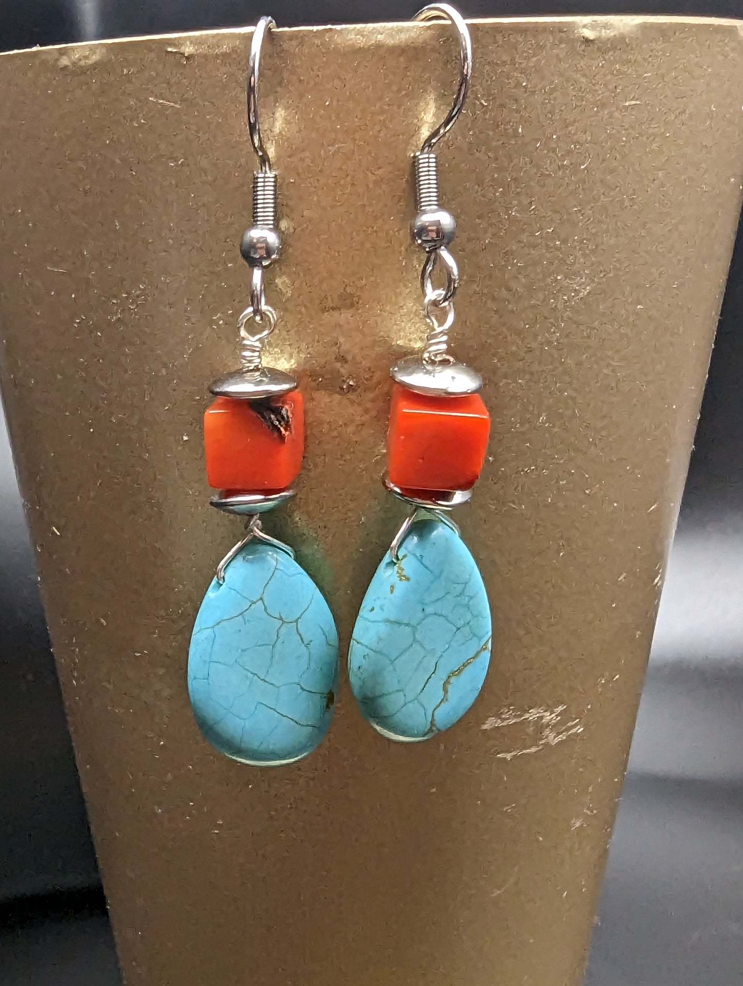 Turquoise and Coral Dangle Earrings