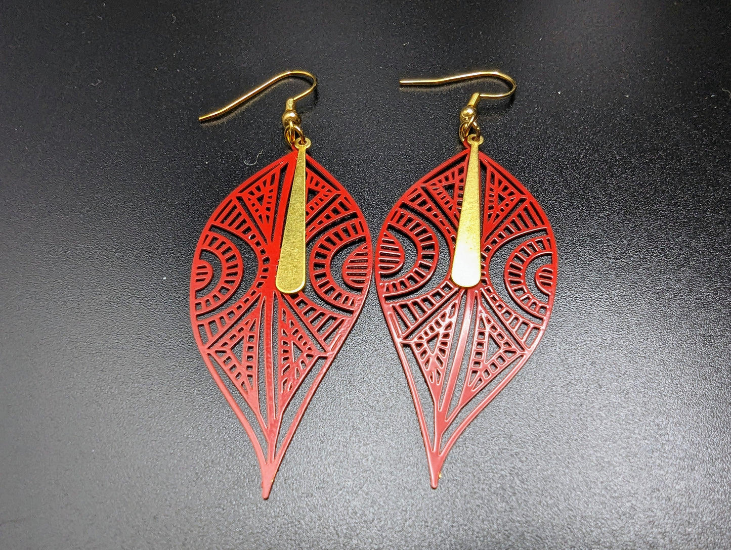 Red Filigree and Gold Tone Earrings