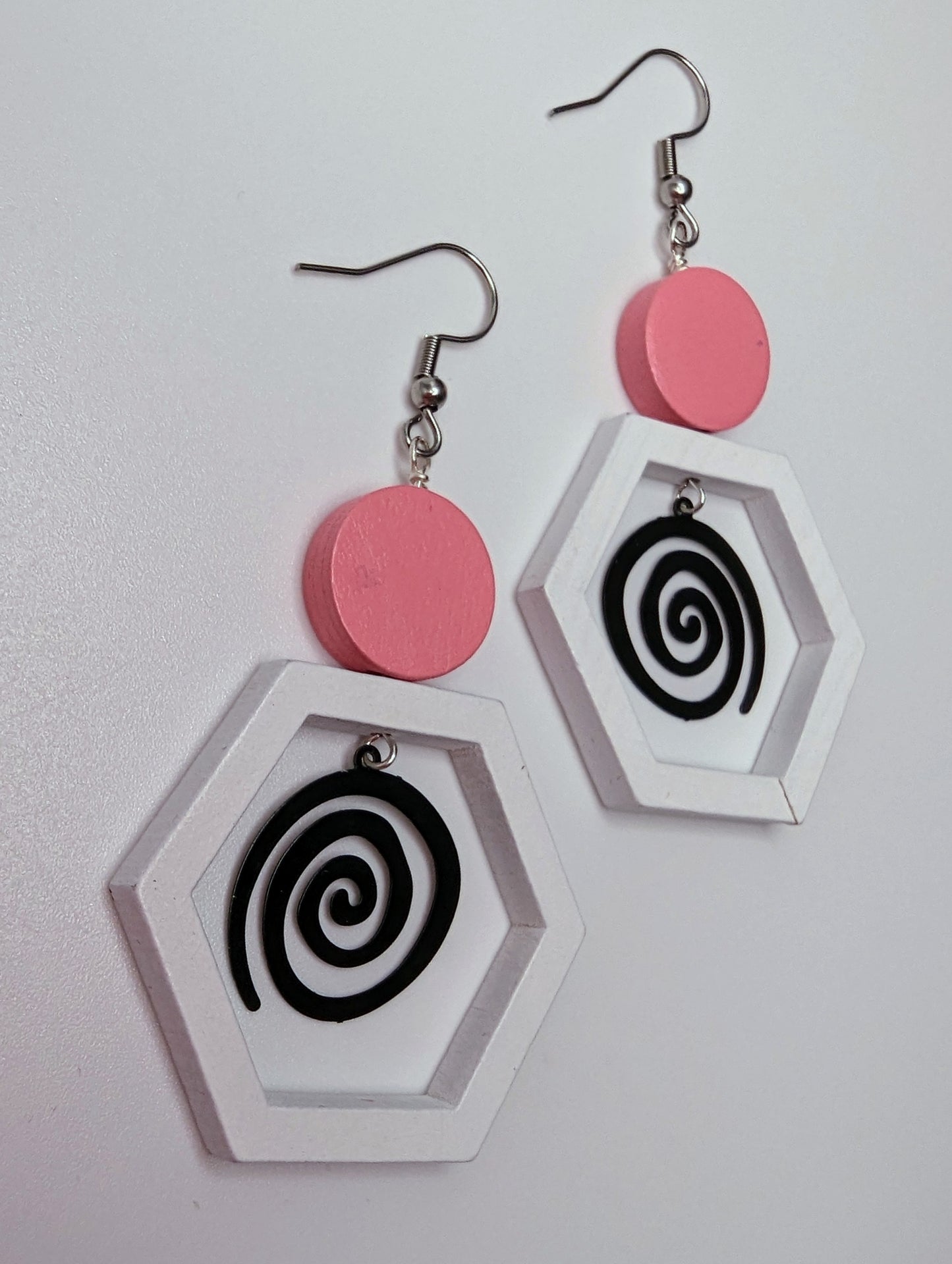 Pink, white, and black octagon earrings