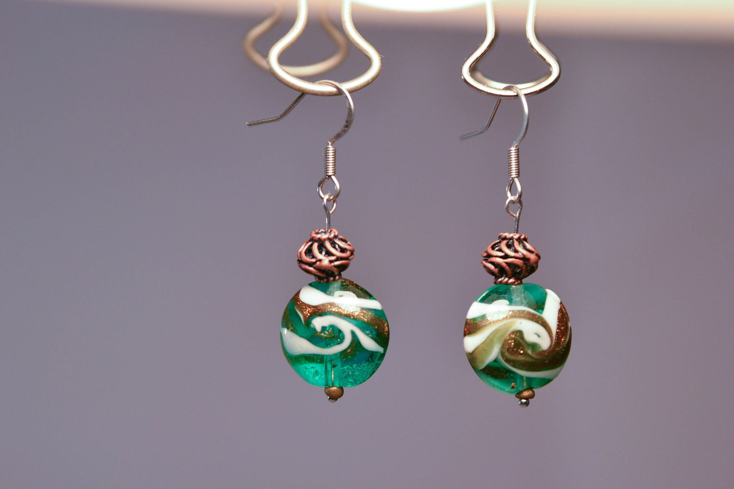 Green and Bronze Swirl Dangle Earrings