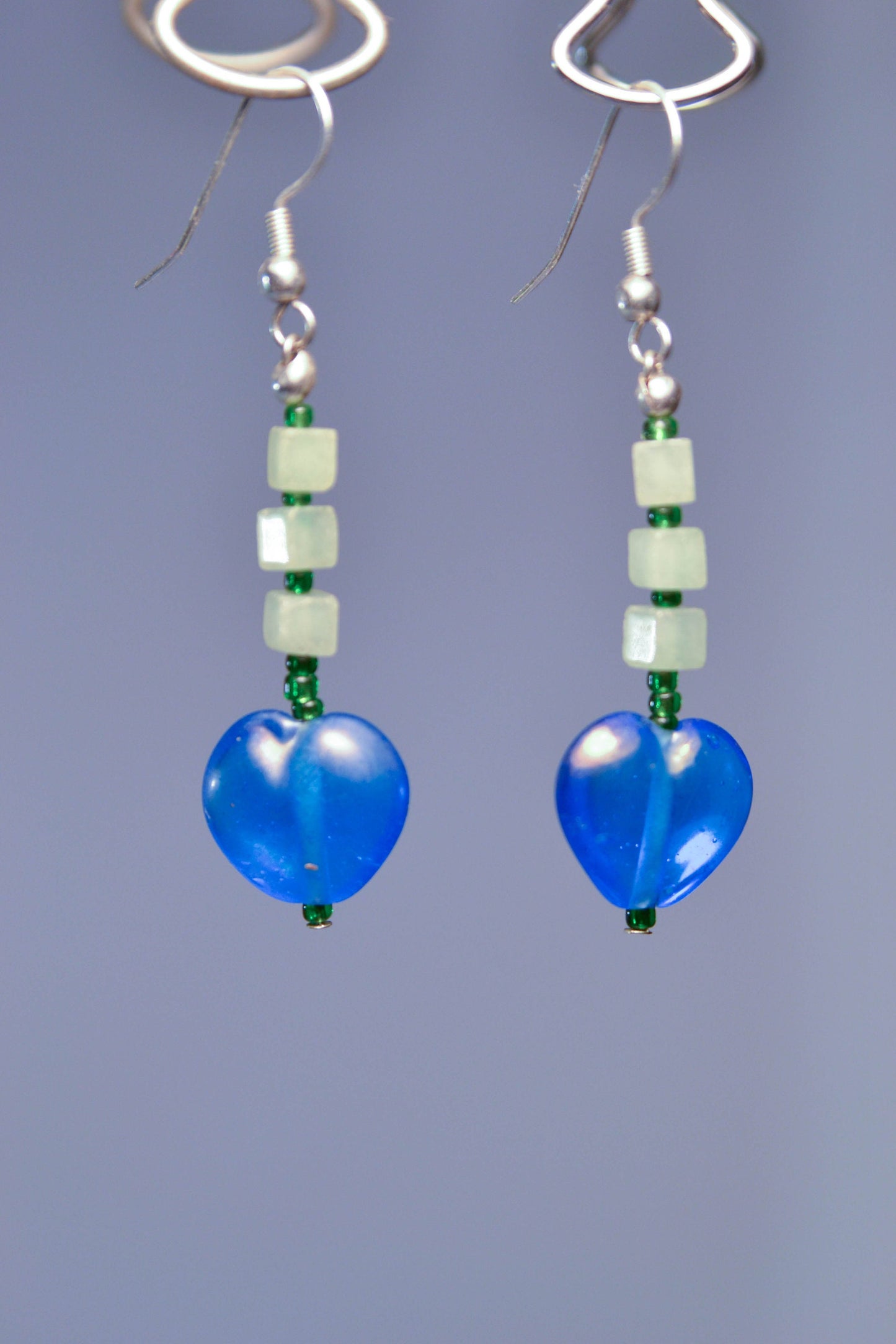 Romantic Green Cube and Blue Heart Beaded Earrings