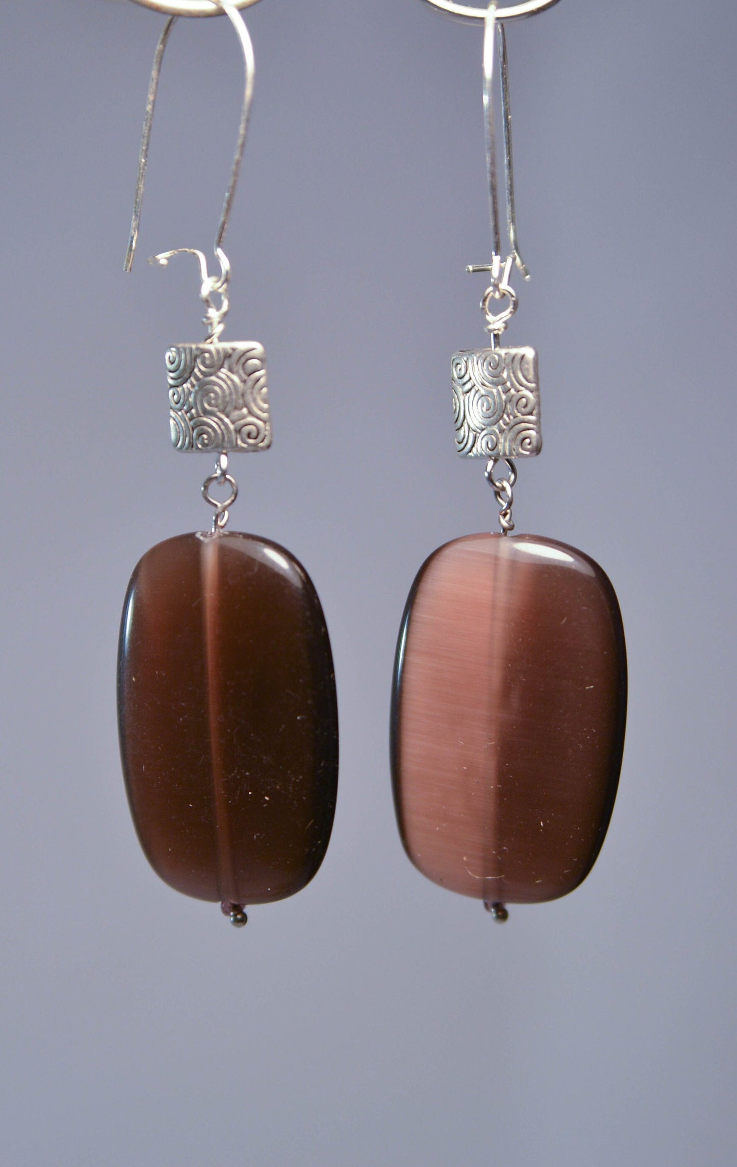 Silver Square and Brown Oval Dangle Earrings