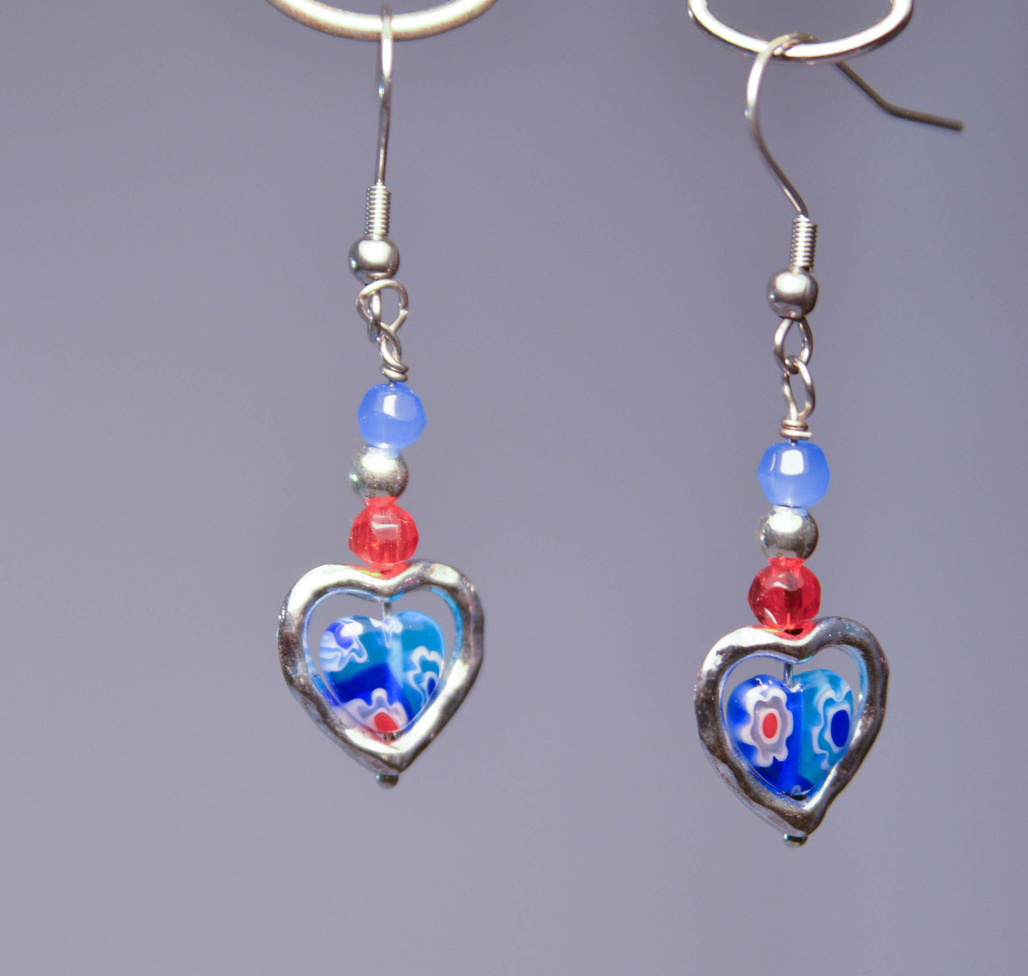 Romantic Millefiori Red and Blue Heart Earrings | A Thousand Flowers Collection