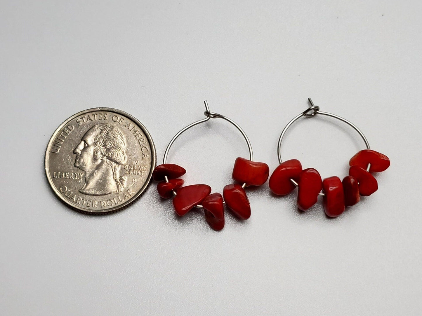Small | Red Coral Hoop Earrings | Stainless Steel