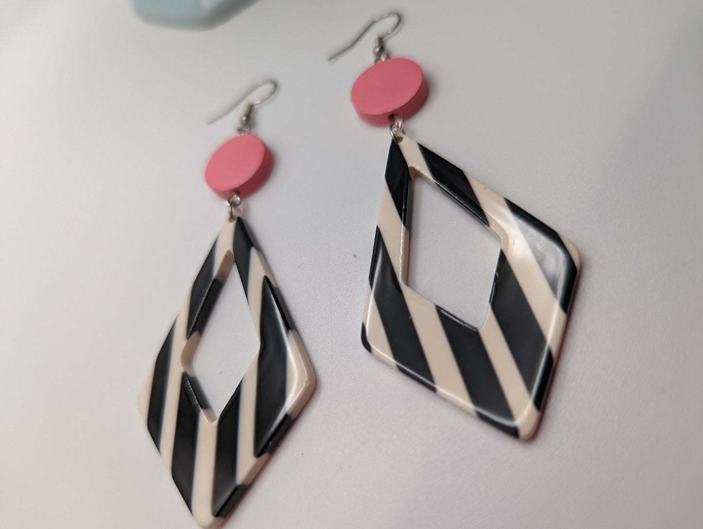 Pink Circle & Black and White Acrylic Earrings | Stainless Steel Ear Hooks