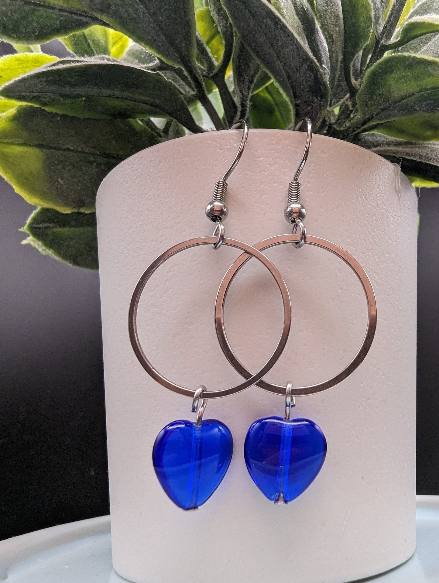 Silver & Blue Czech Glass Heart Earrings