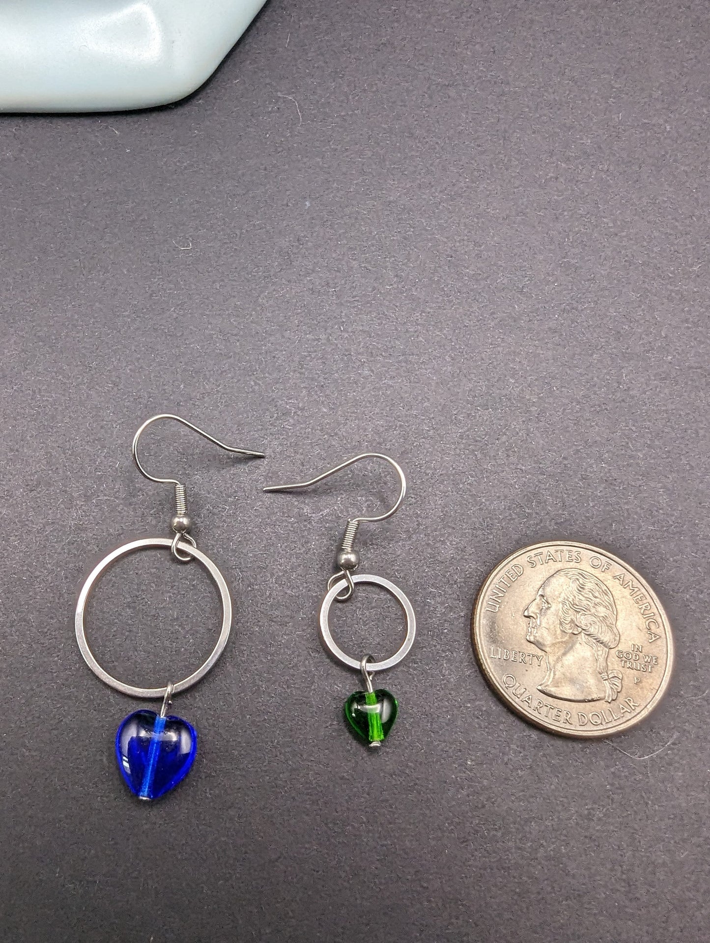 SMALL Silver & Green Czech Glass Heart Earrings