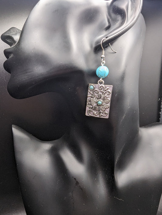 Turquoise and Silver Earrings on Stainless Steel Ear Hooks