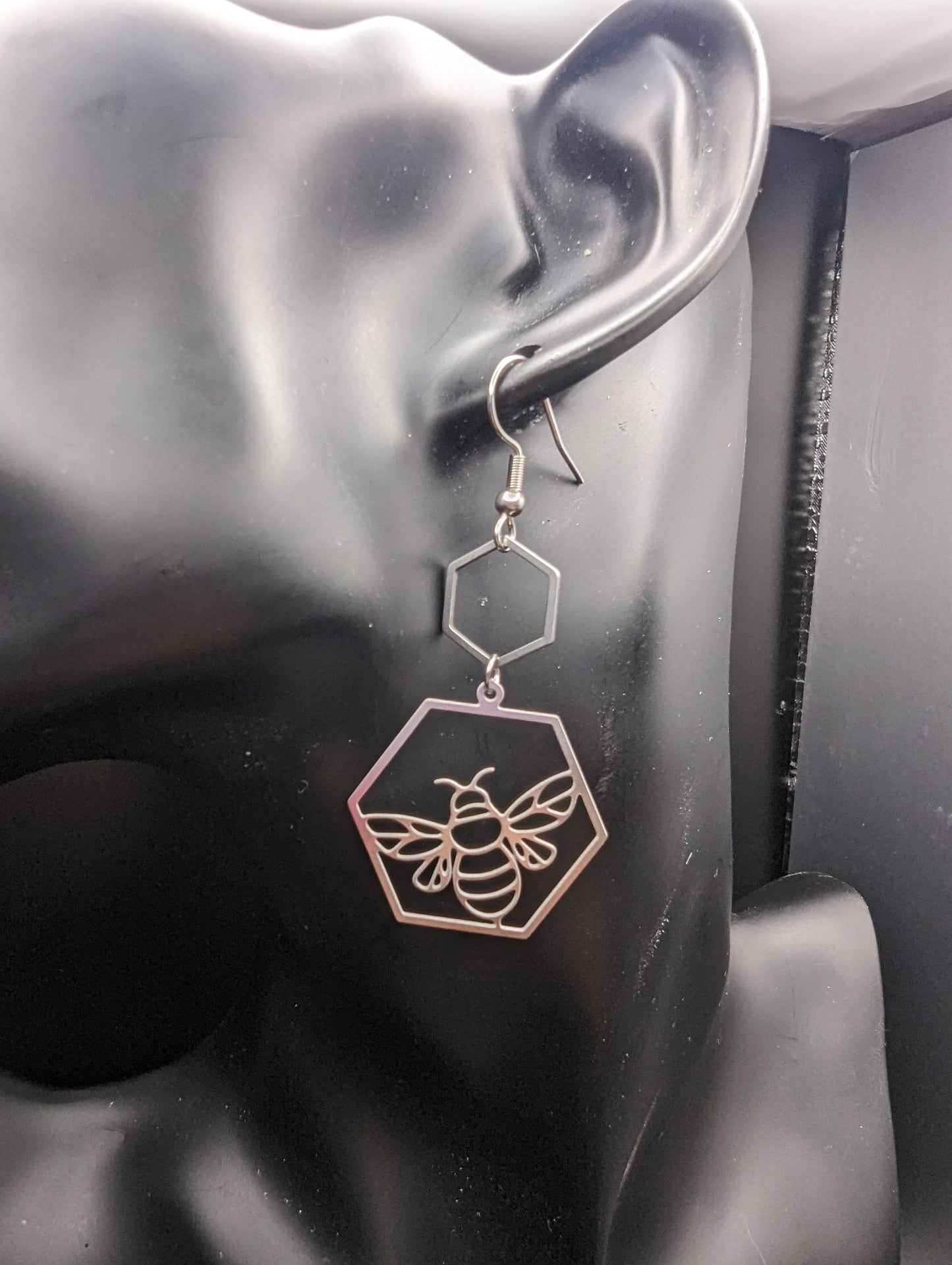 Bee Hexagon Stainless Steel Earrings