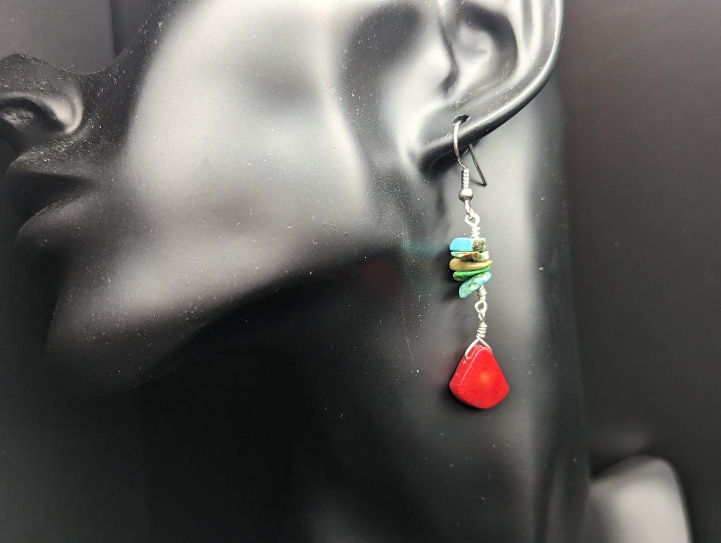 Turquoise Chips and Coral Dangle Earrings