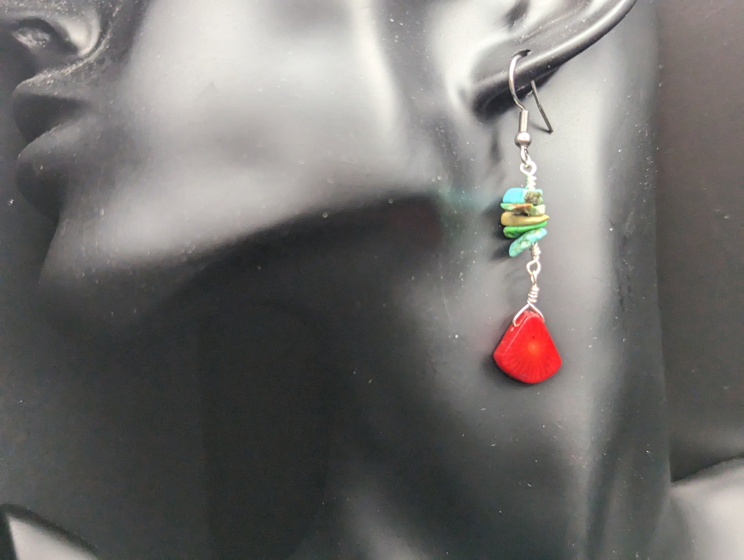 Turquoise Chips and Coral Dangle Earrings