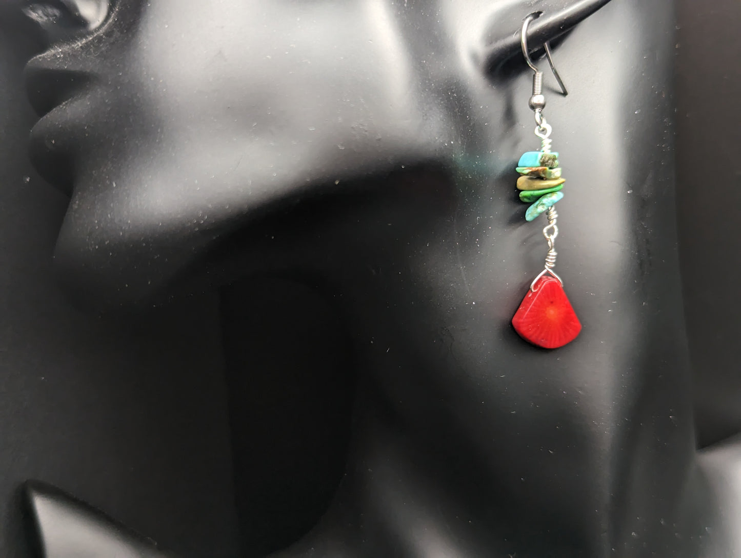 Turquoise Chips and Coral Dangle Earrings