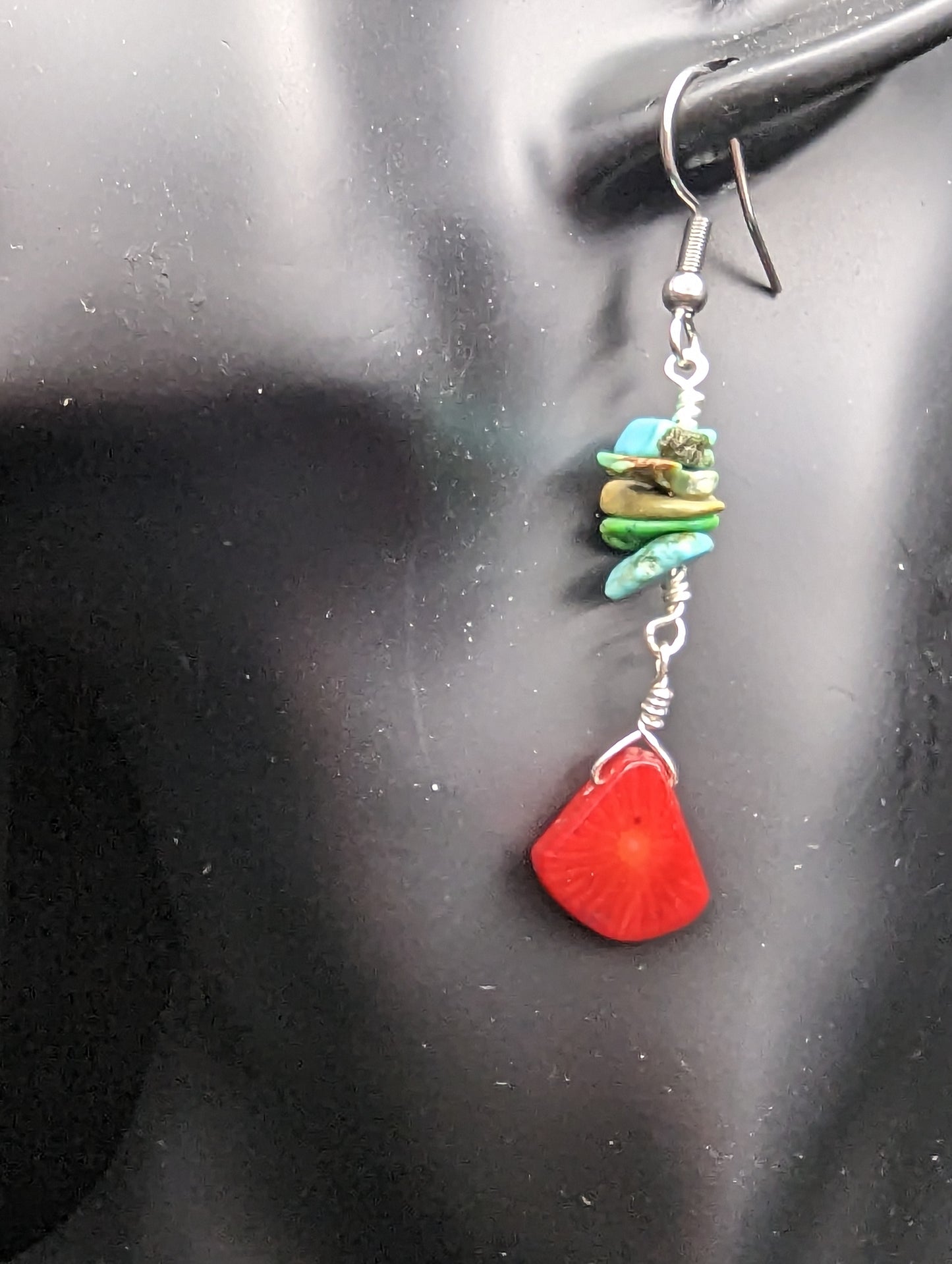 Turquoise Chips and Coral Dangle Earrings