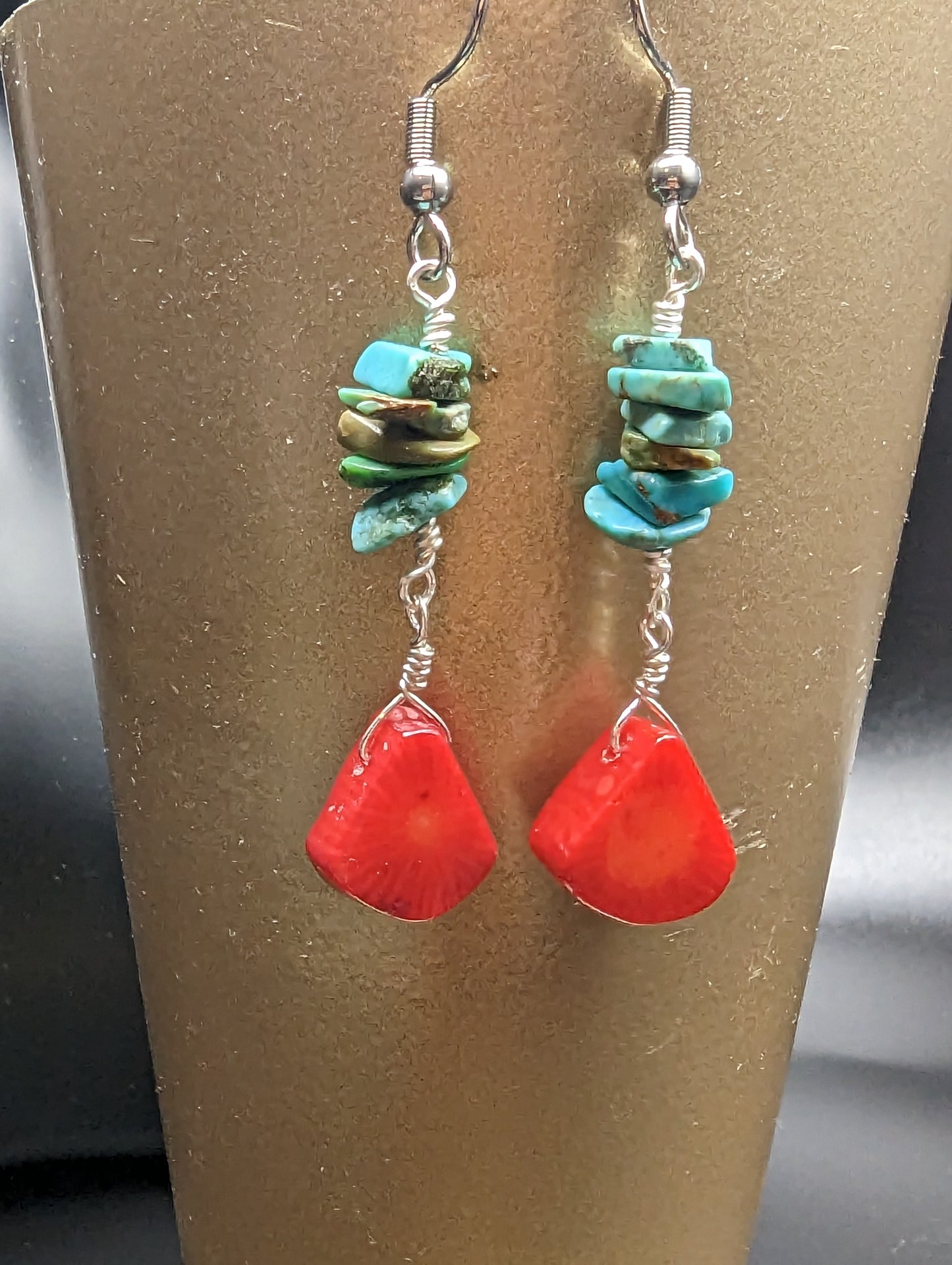 Turquoise Chips and Coral Dangle Earrings