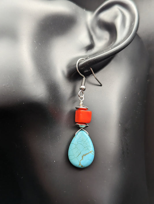 Turquoise and Coral Dangle Earrings