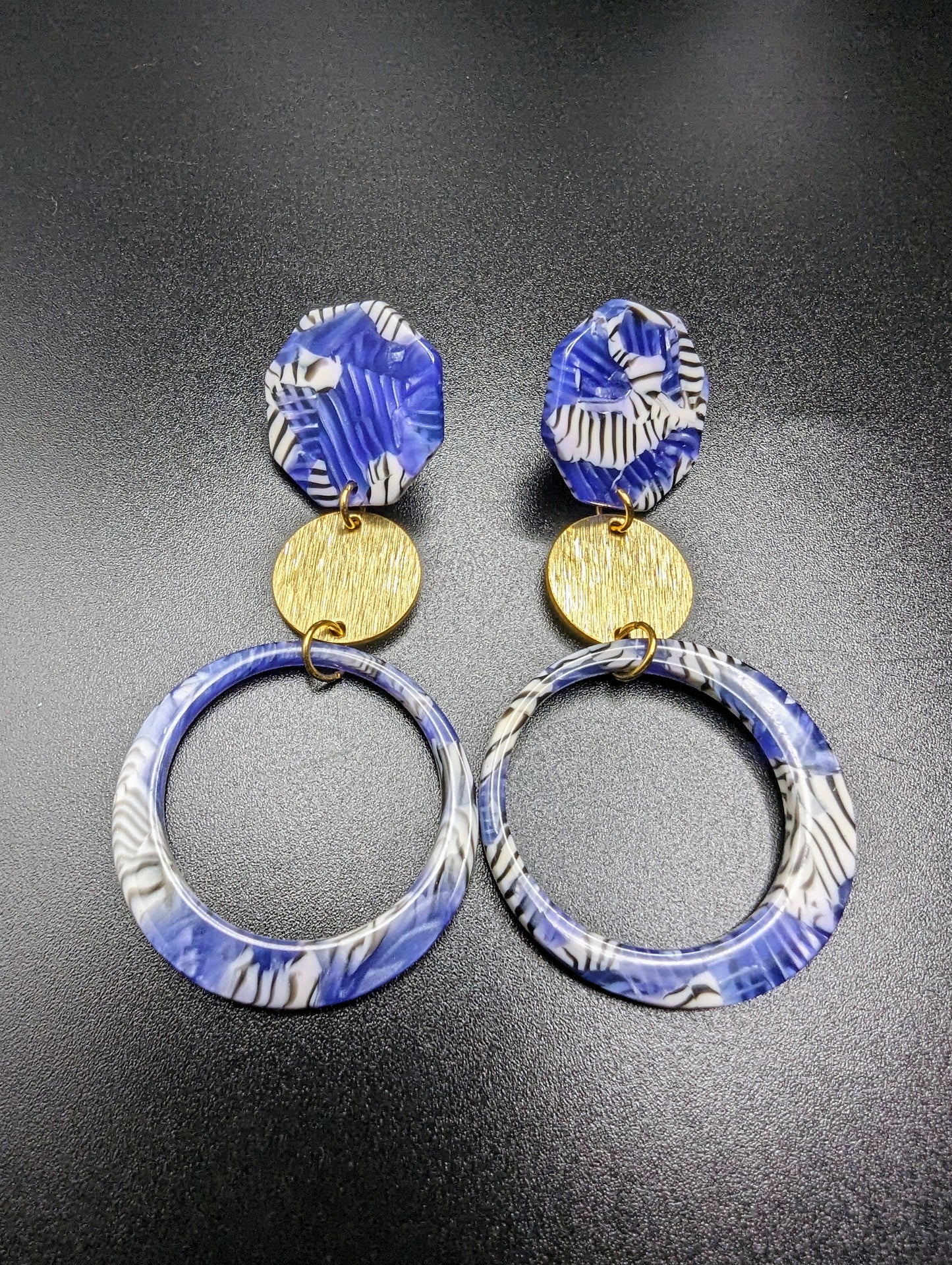 Bold Blue and Brass Dangle Stud Earrings