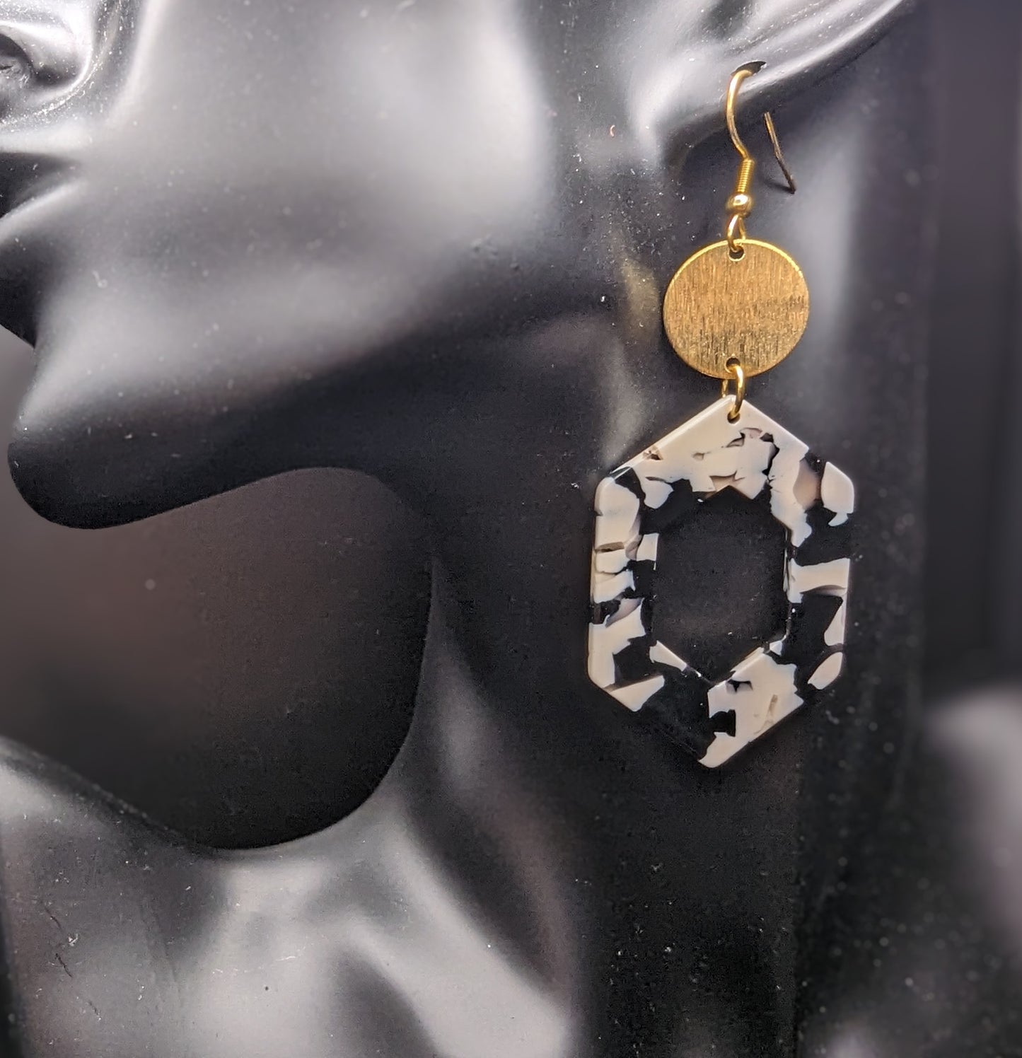 Black and White with Gold Dangle Earrings