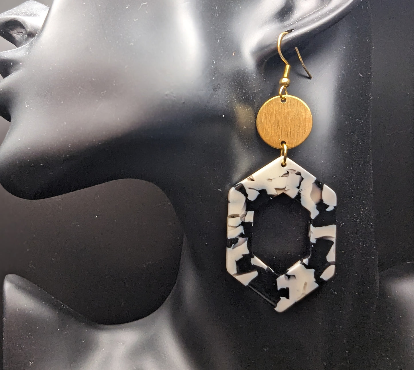 Black and White with Gold Dangle Earrings