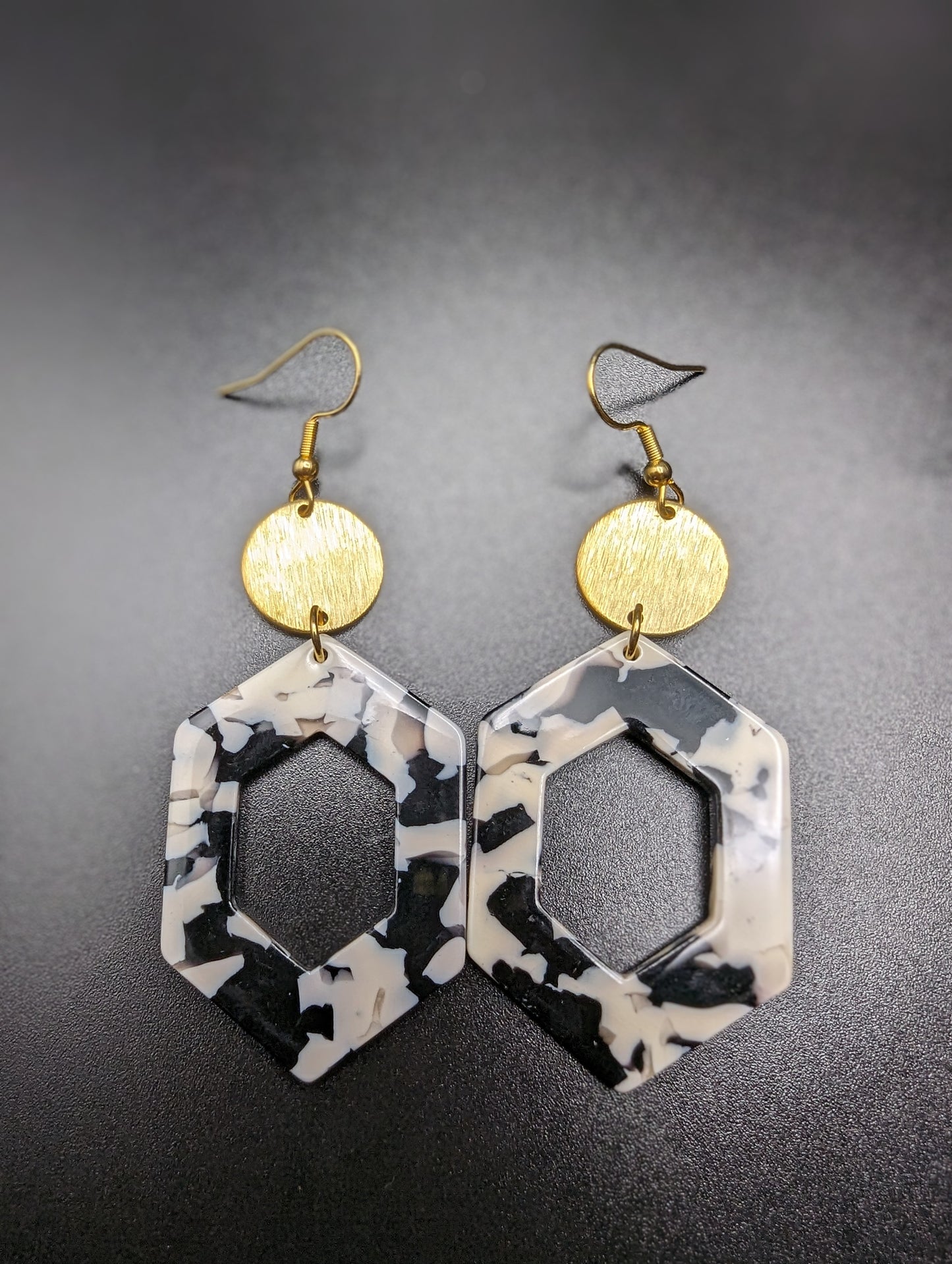 Black and White with Gold Dangle Earrings