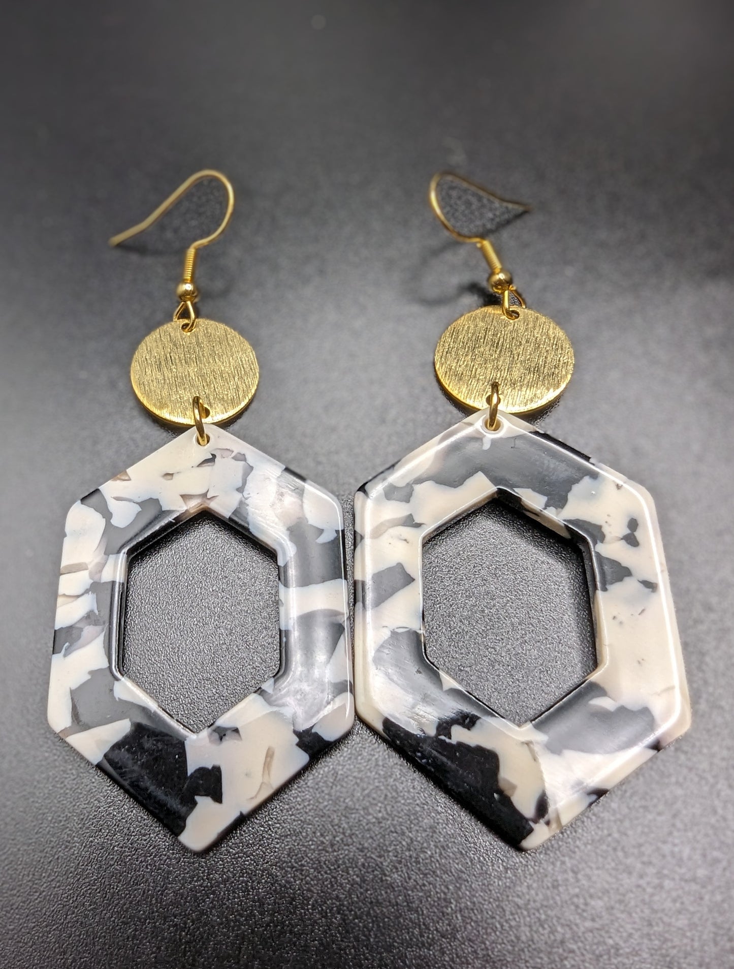 Black and White with Gold Dangle Earrings