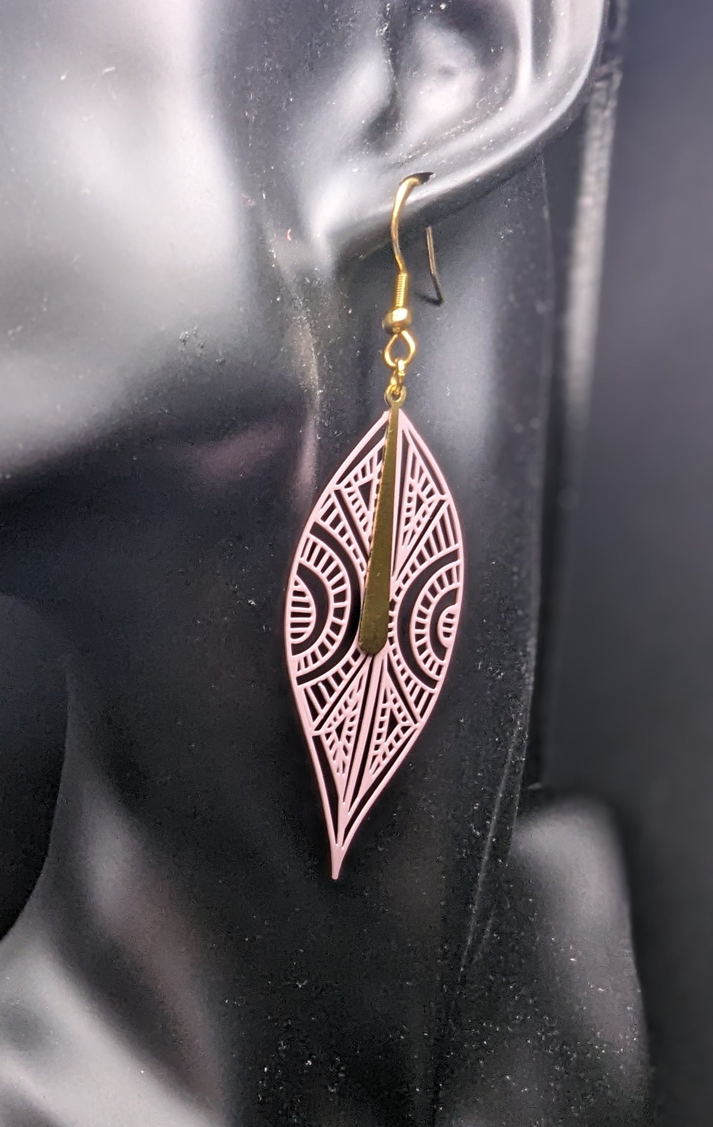 Pink Filigree and Gold Tone Earrings