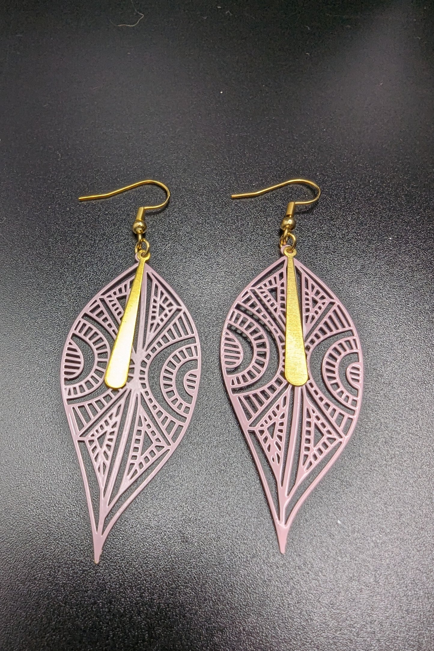 Pink Filigree and Gold Tone Earrings