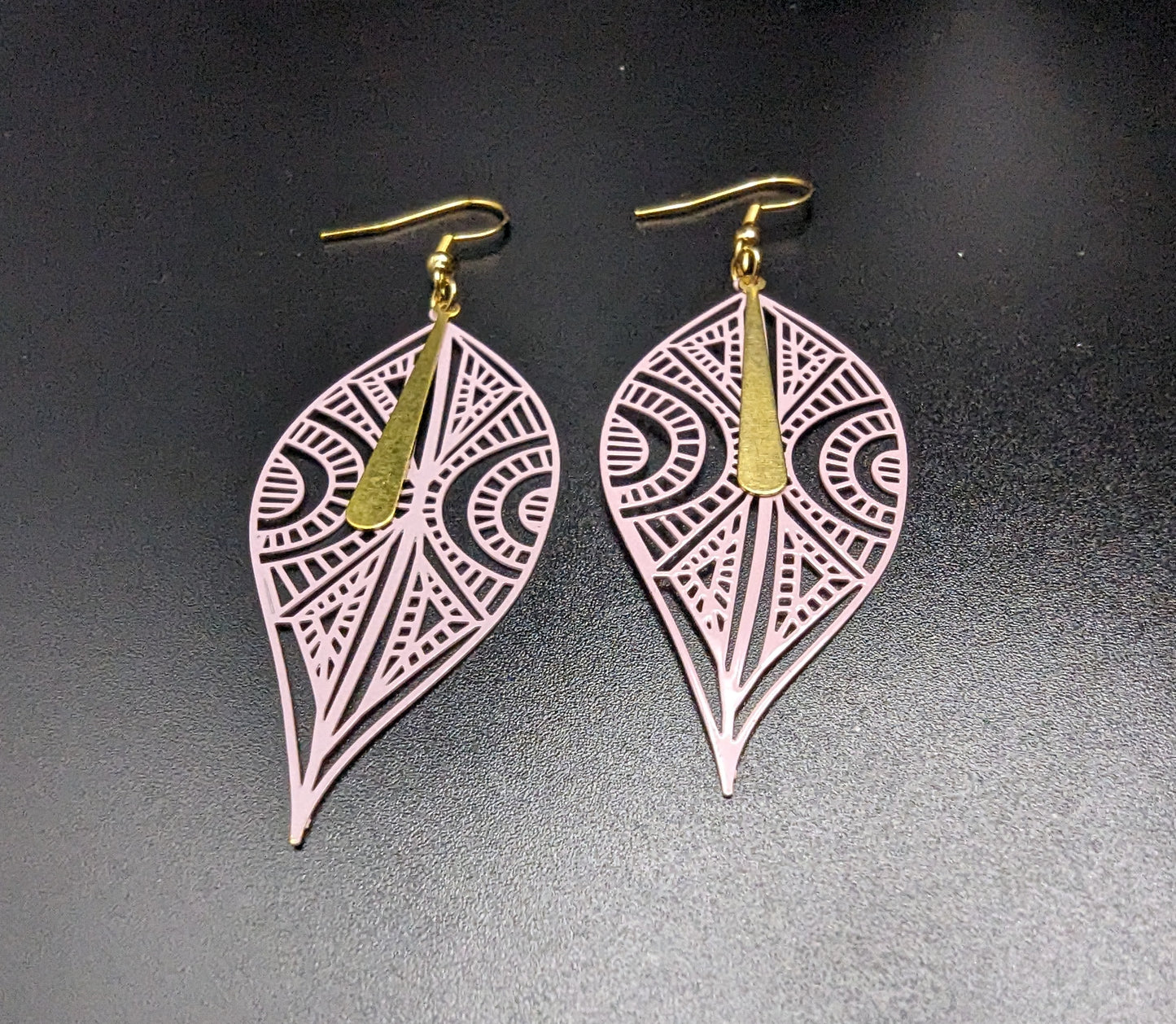 Pink Filigree and Gold Tone Earrings