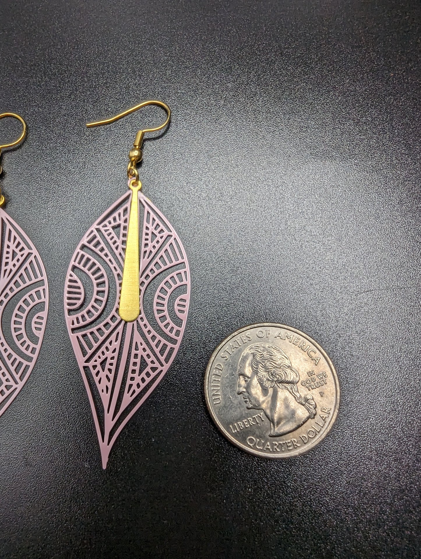 Pink Filigree and Gold Tone Earrings