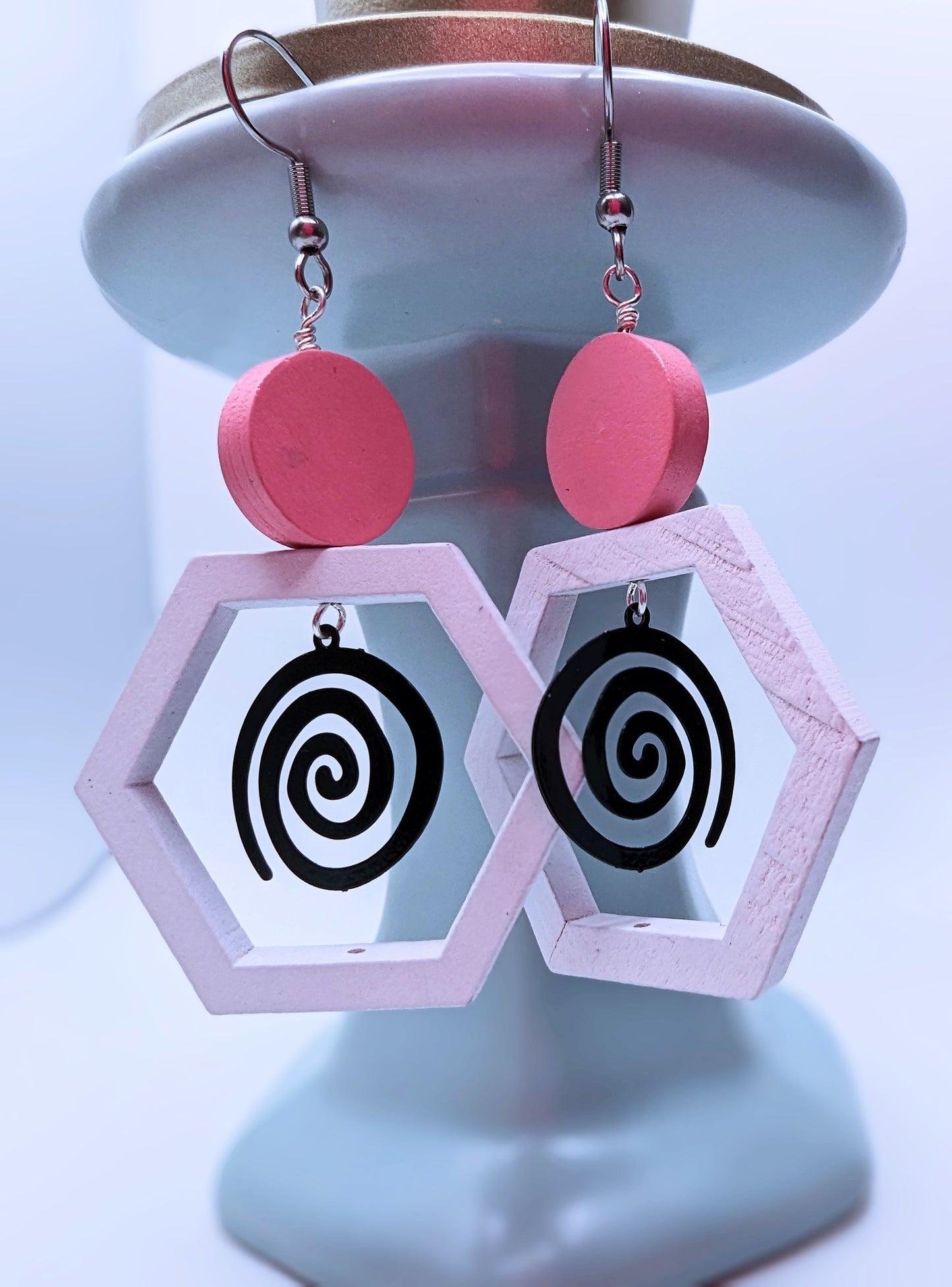Pink, white, and black octagon earrings