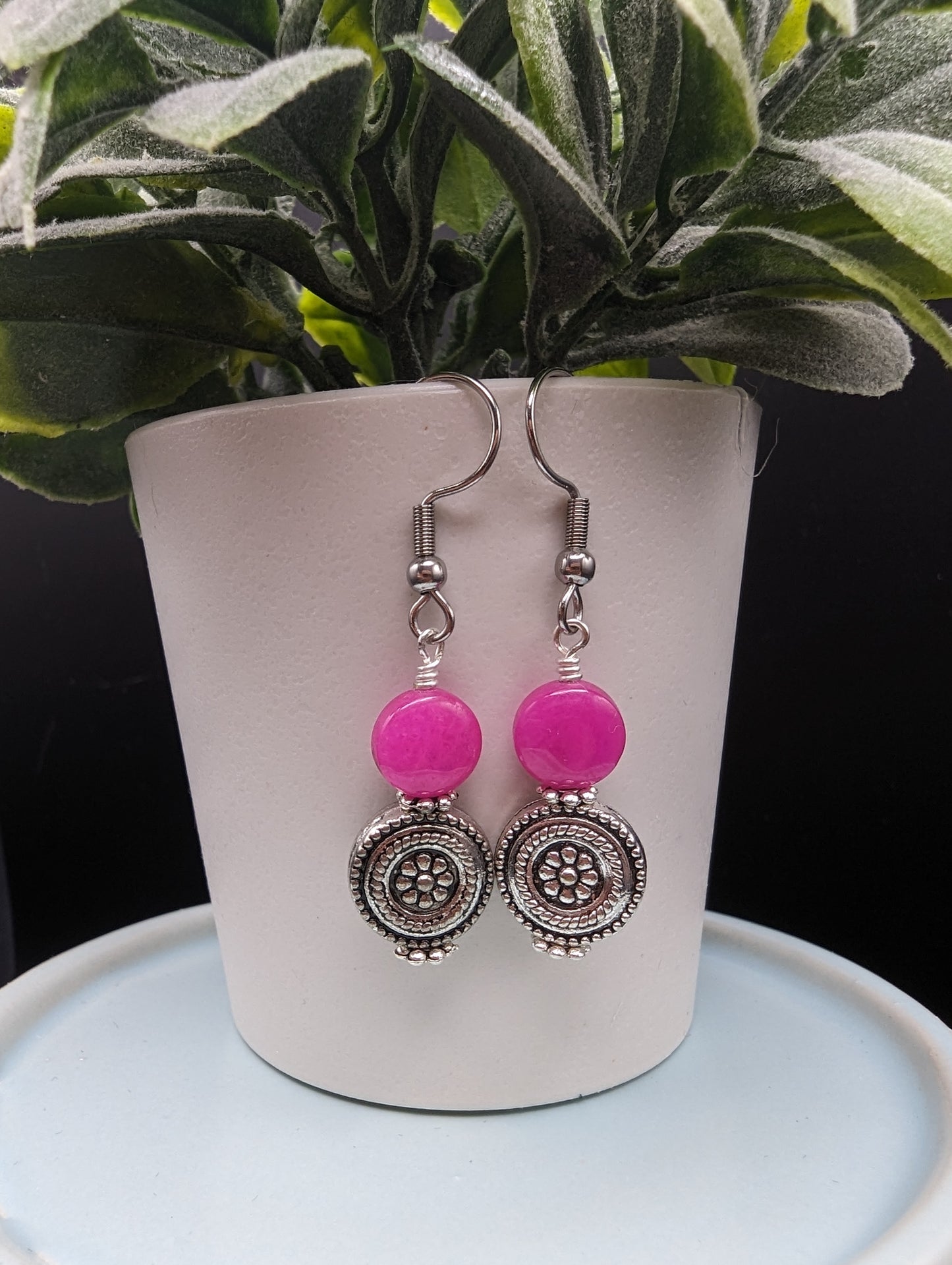 Hot Pink & Silver Dangle Earrings | Stainless Steel