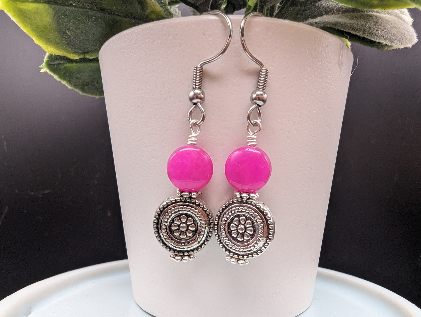 Hot Pink & Silver Dangle Earrings | Stainless Steel