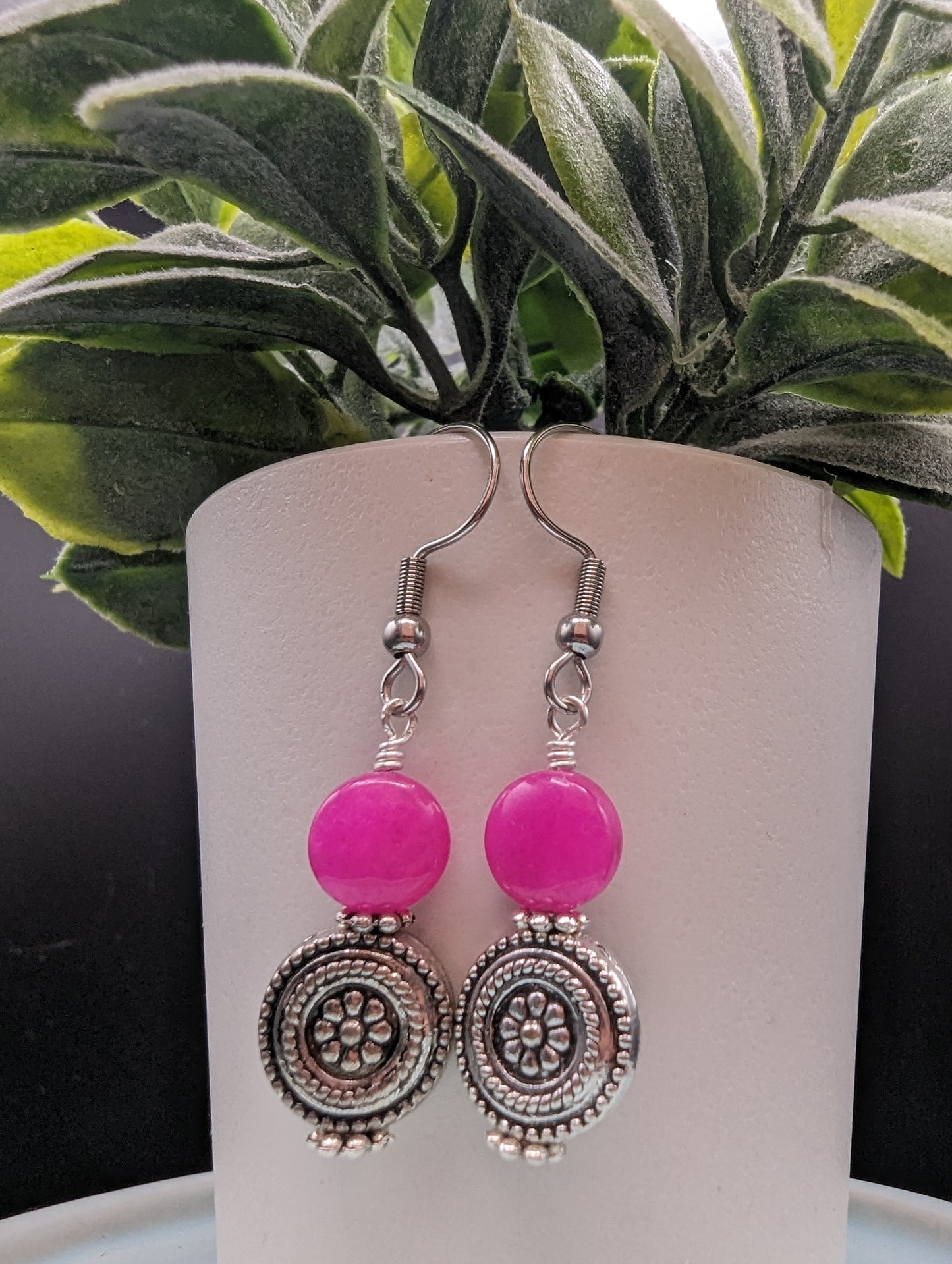 Hot Pink & Silver Dangle Earrings | Stainless Steel