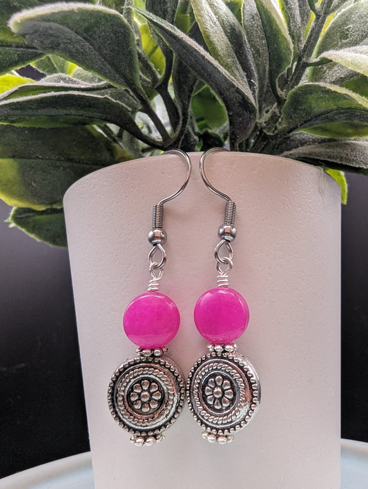 Hot Pink & Silver Dangle Earrings | Stainless Steel