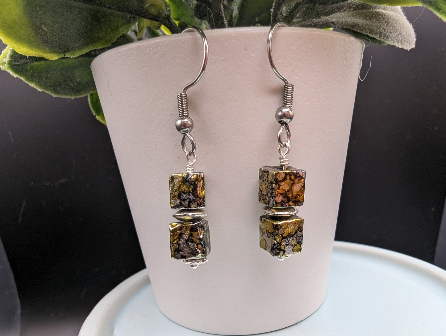 Marble Black, Gold & Silver cube dangle earrings