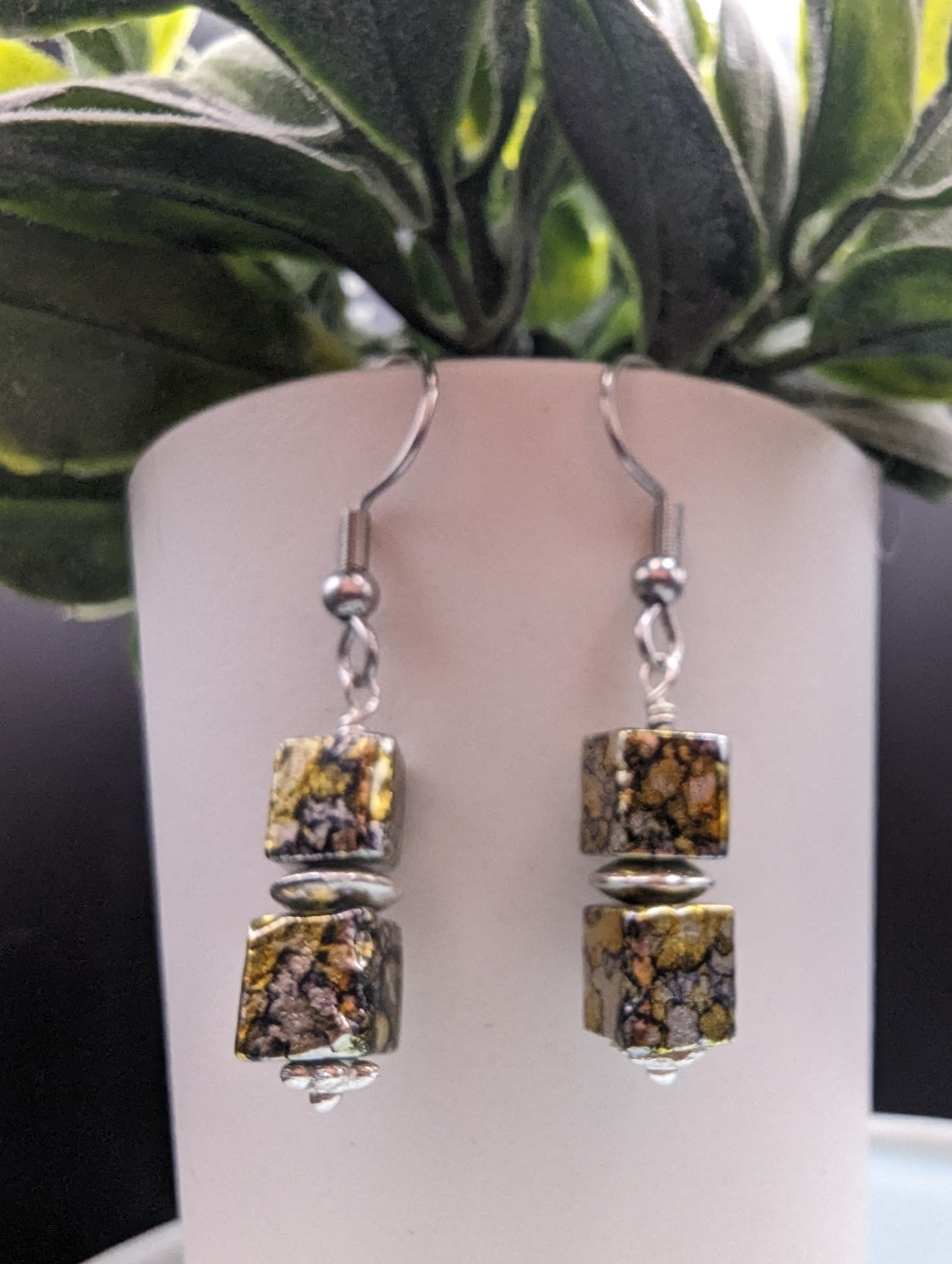 Marble Black, Gold & Silver cube dangle earrings