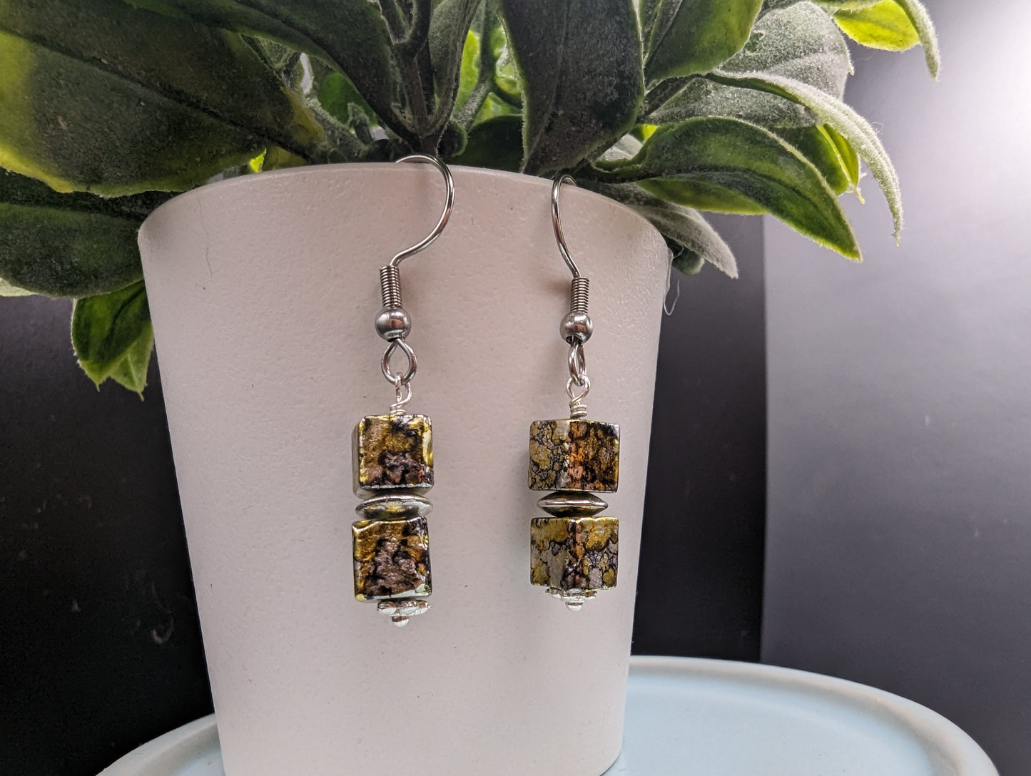 Marble Black, Gold & Silver cube dangle earrings