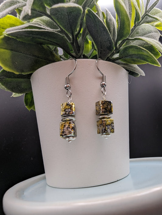 Marble Black, Gold & Silver cube dangle earrings