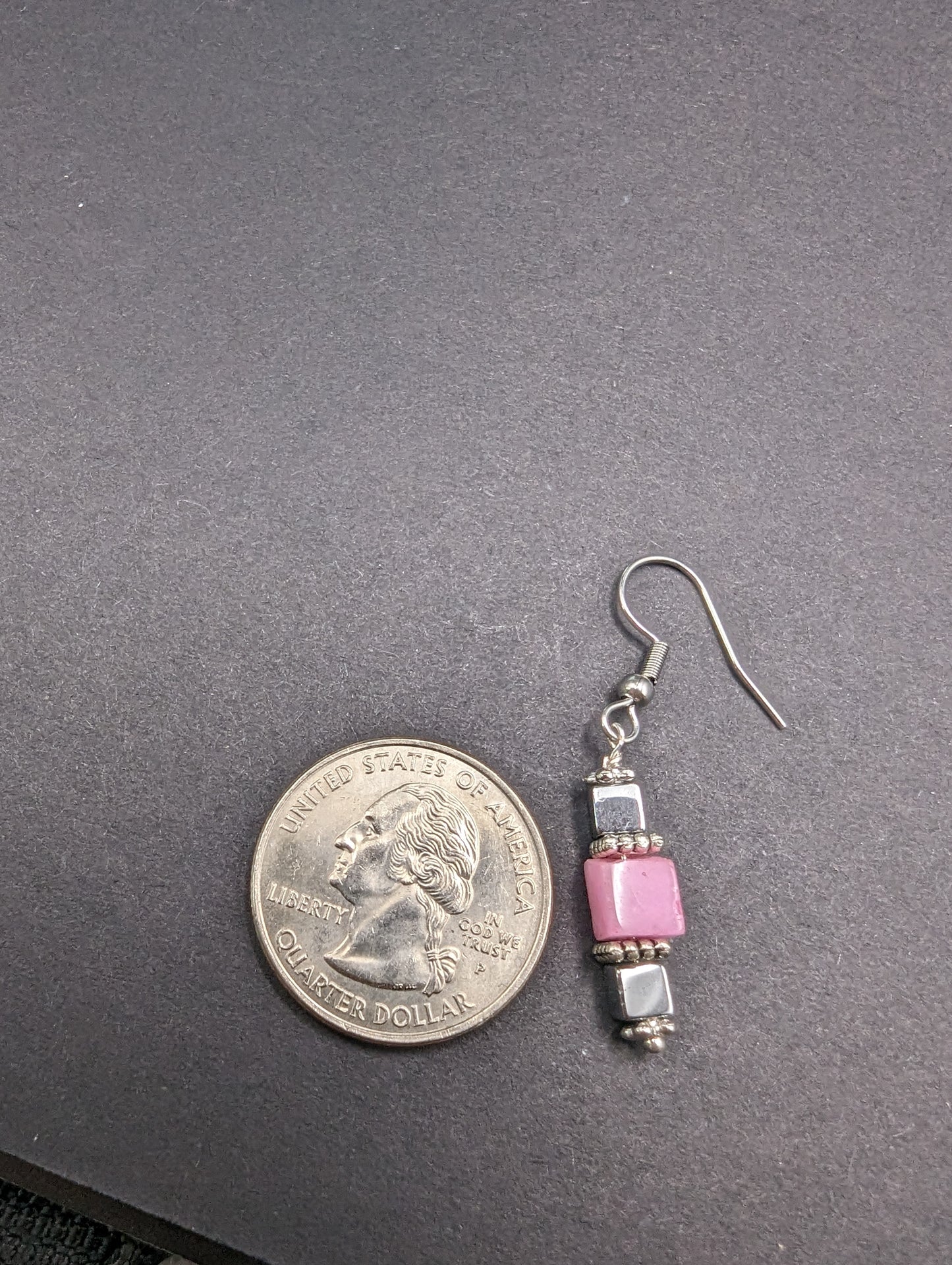 Pink and silver cube dangle earrings
