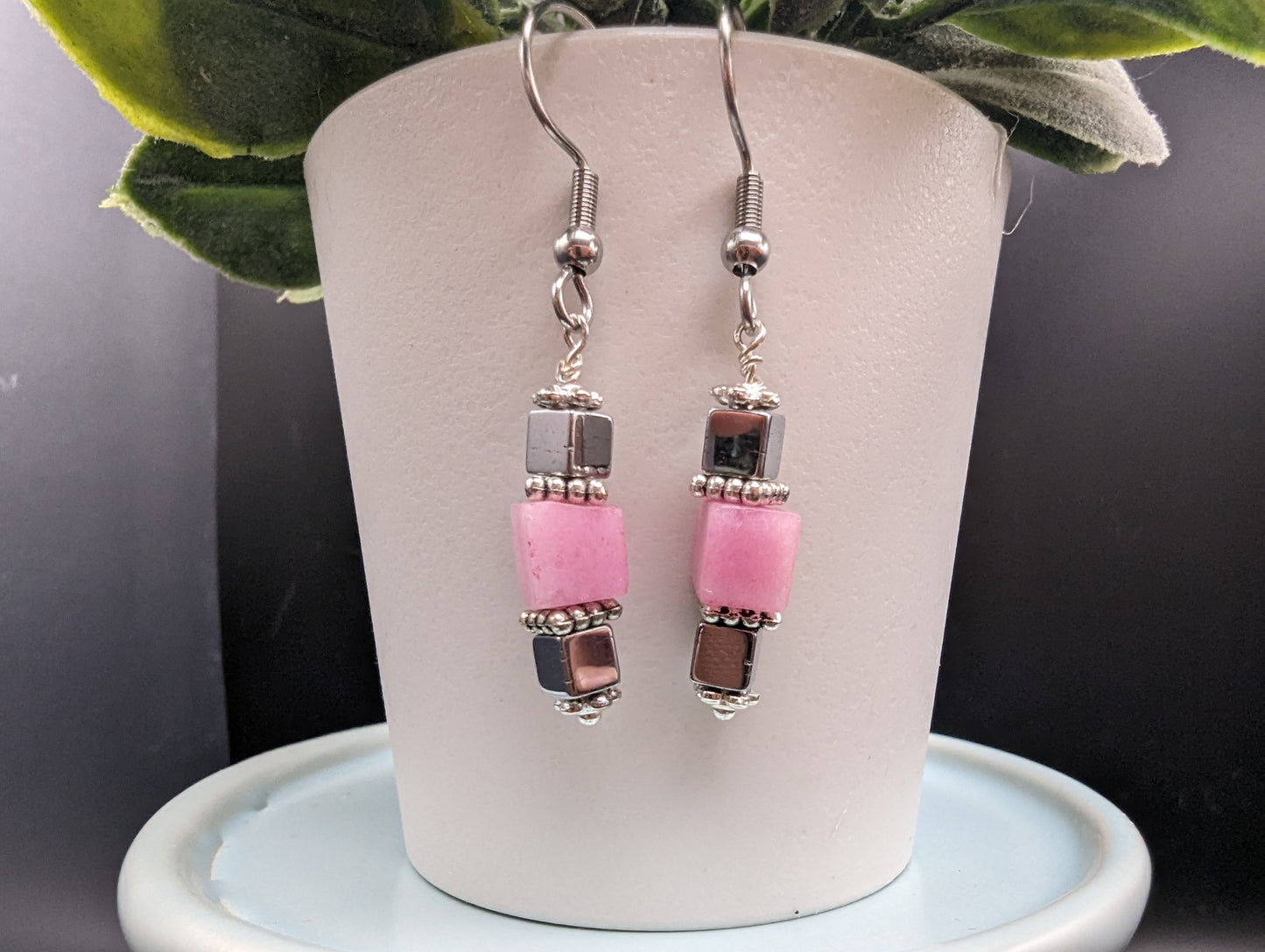 Pink and silver cube dangle earrings