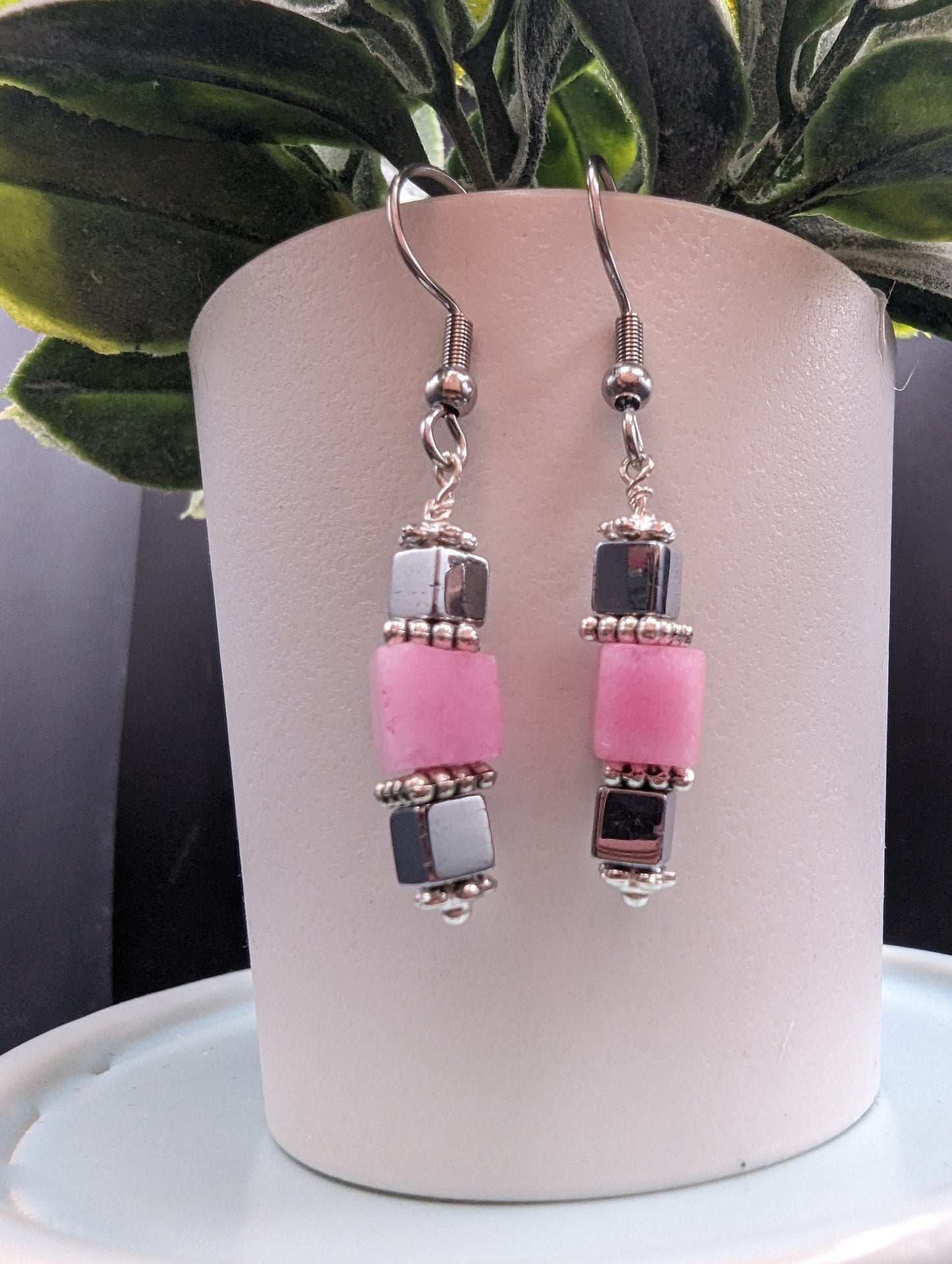 Pink and silver cube dangle earrings