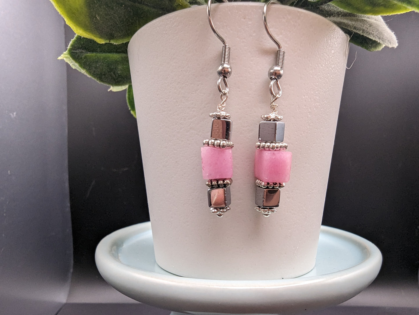 Pink and silver cube dangle earrings