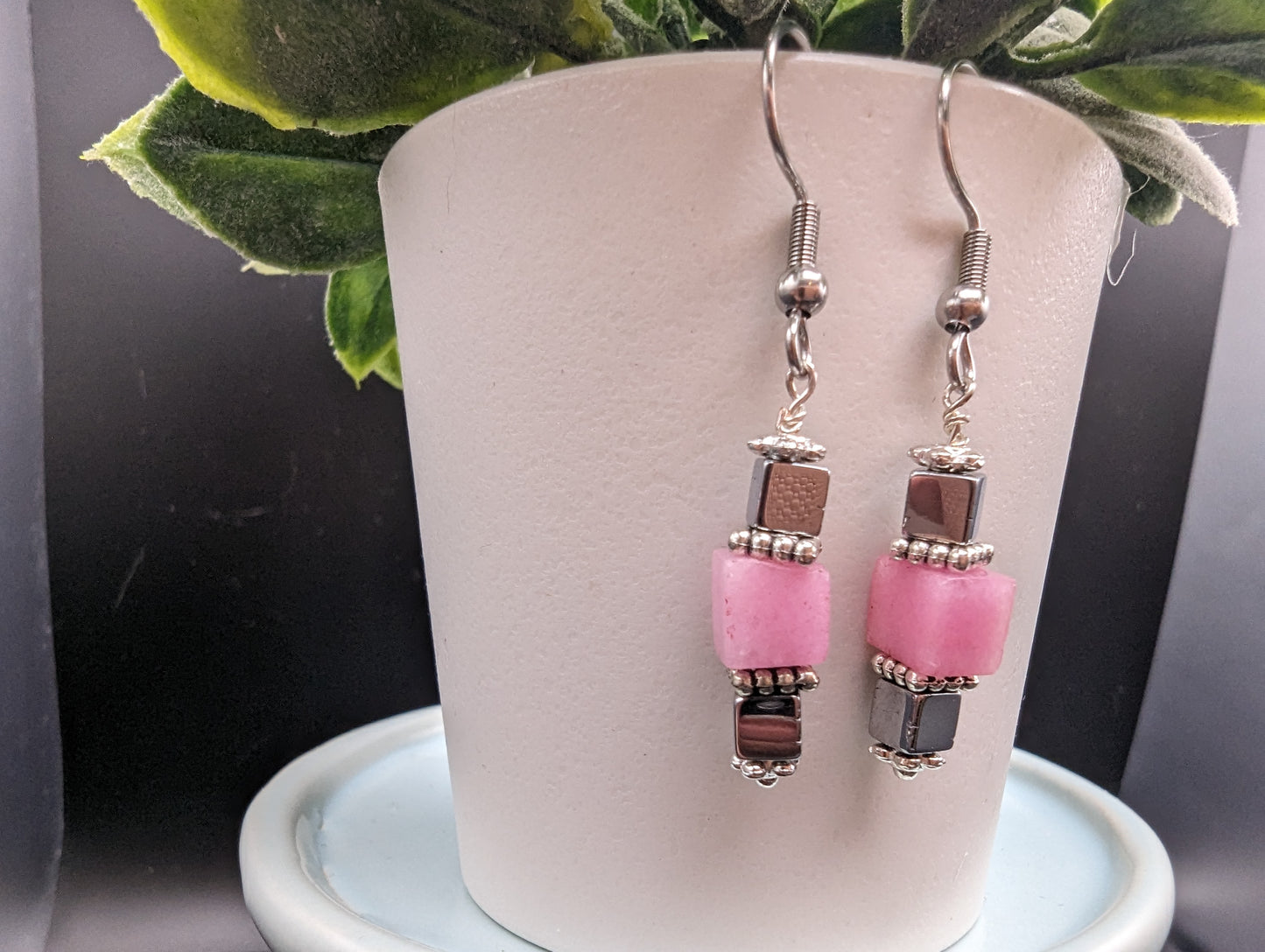 Pink and silver cube dangle earrings