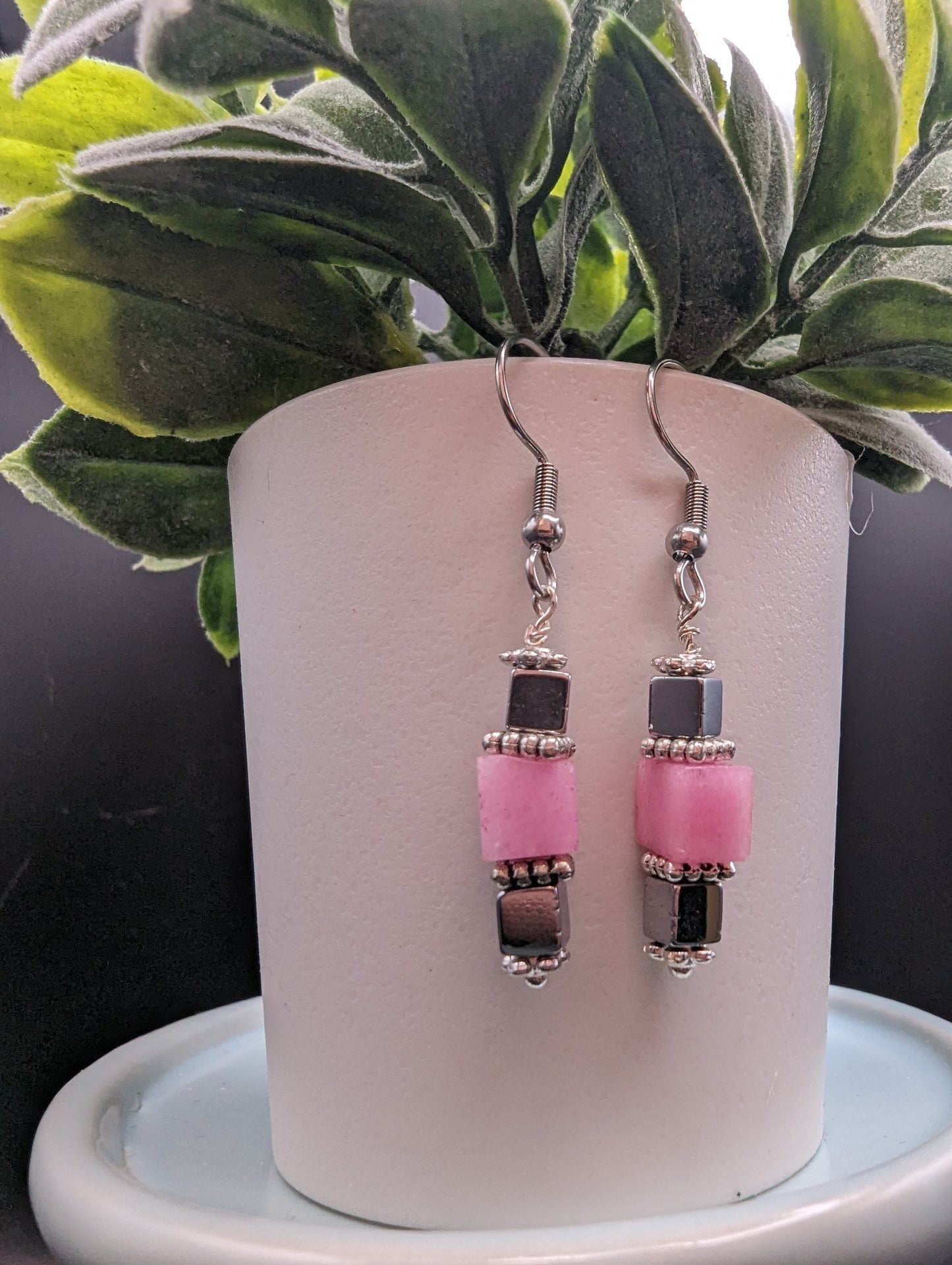 Pink and silver cube dangle earrings