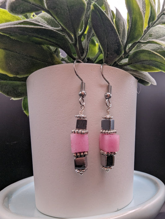 Pink and silver cube dangle earrings