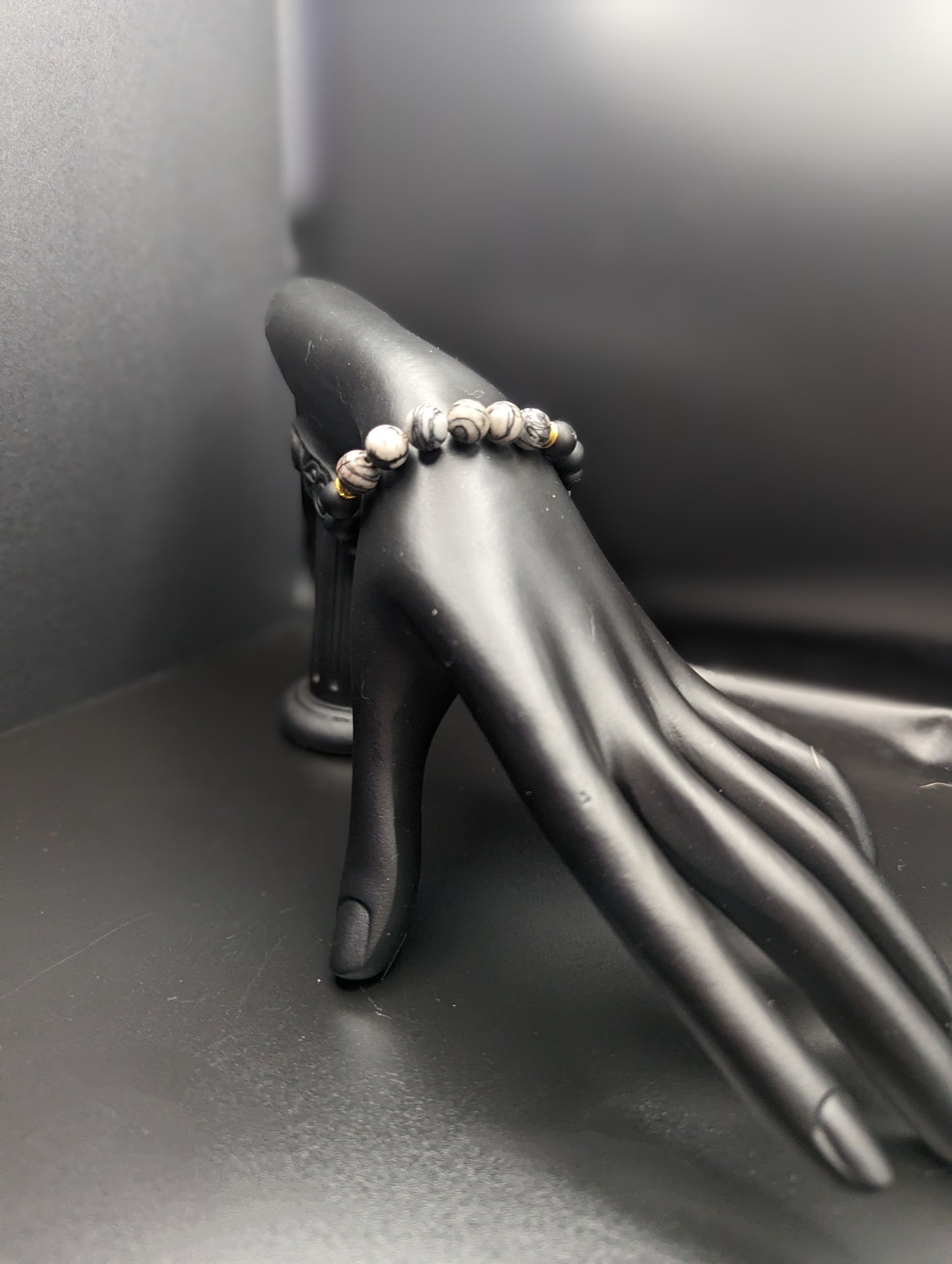 Black and Grey Silk Stone and Onyx Bracelet