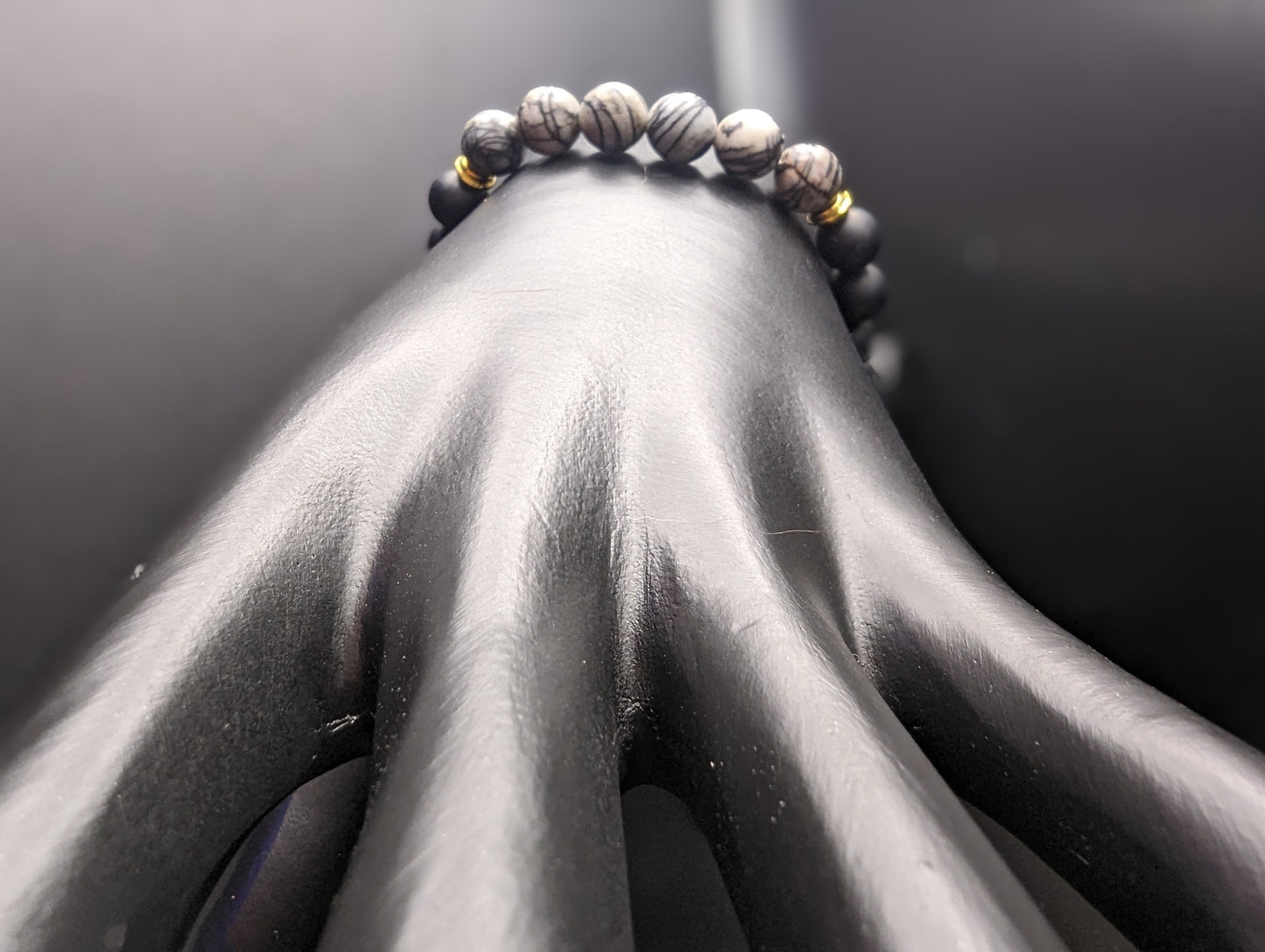 Black and Grey Silk Stone and Onyx Bracelet