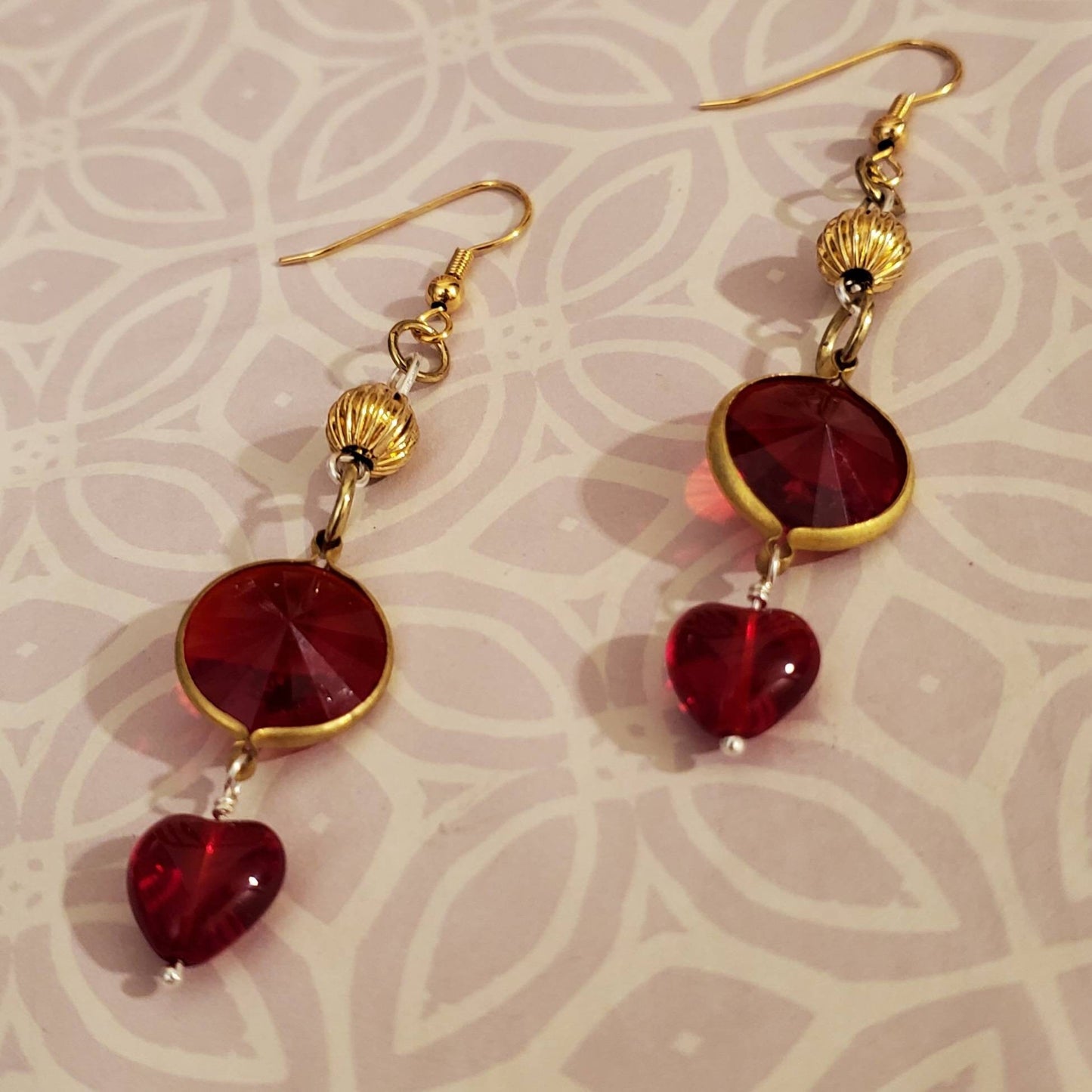 Elegant, Dainty, Red and Gold Glass Heart Earrings