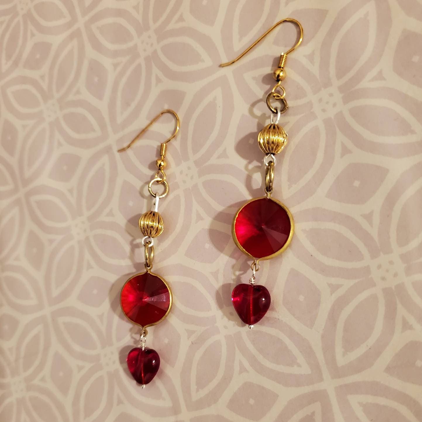 Elegant, Dainty, Red and Gold Glass Heart Earrings
