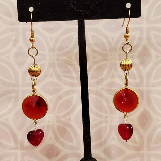 Elegant, Dainty, Red and Gold Glass Heart Earrings