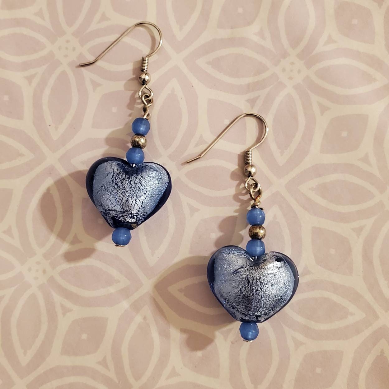 Blue Glass Heart Earrings